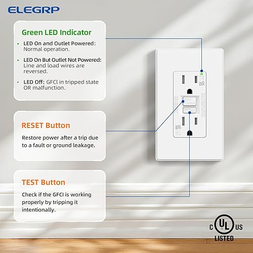Miniatura 4 de ELEGRP GFCI Outlet Outdoor, 15 Amp Self-Test GFI Electrical Outlet with Thinner Design, Weather & Tamper Resistant GFCI Receptacle, Ground Fault