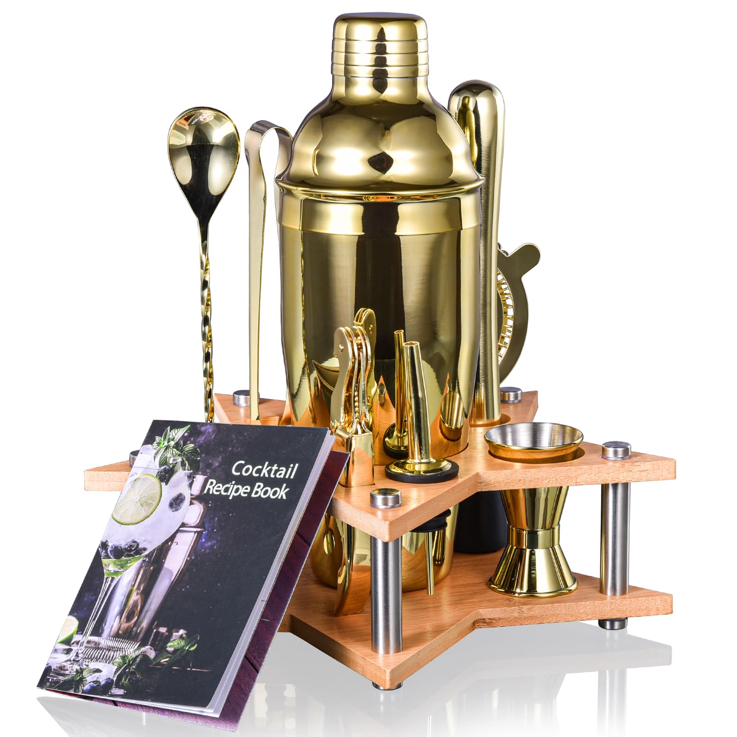 Esmula12 Piece Bartender Kit with Bamboo Stand, 750ml Cocktail Shaker Set for Mixed Drink,tainless Steel Bar Tool Set, Gift for Man Dad-Cocktail Recipes Booklet (Gold)