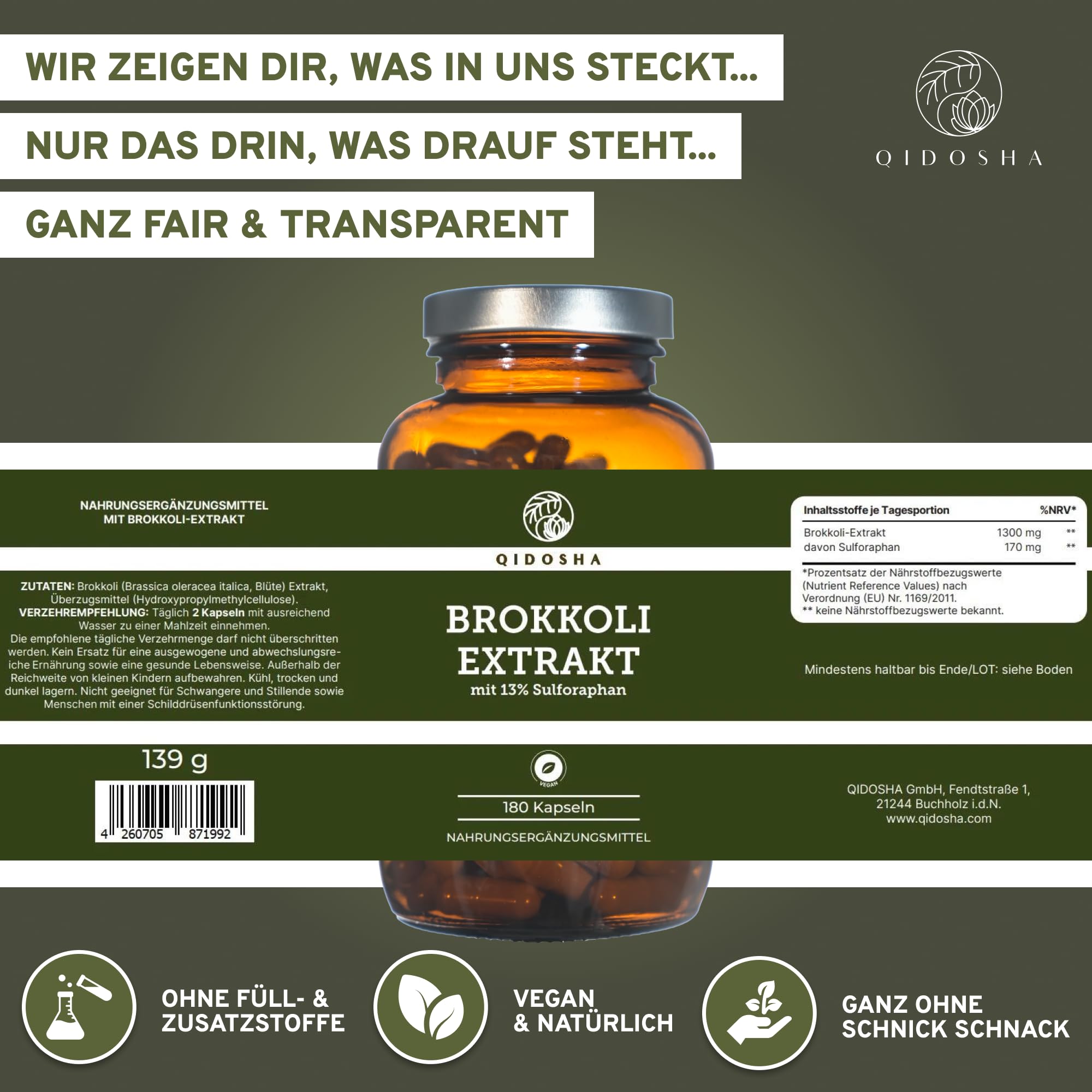QIDOSHA® Brokkoli Extrakt hochdosiert, 13% Sulforaphan, 180 Kapseln im Apothekerglas, deutsche Fertigung, jede Charge laborgeprüft