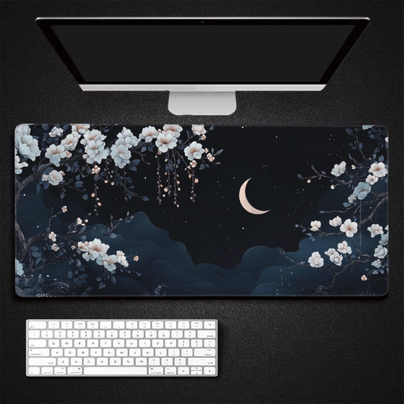 Tappetino Mouse XXL Fiori & Luna, 100 x 50 cm Tappetino da Scrivania G434 | Tappetino per Mouse, Base in Gomma Antiscivolo, Superficie Impermeabile, Bordi Cuciti, Tappetino Scrivania per Ufficio, Gioco