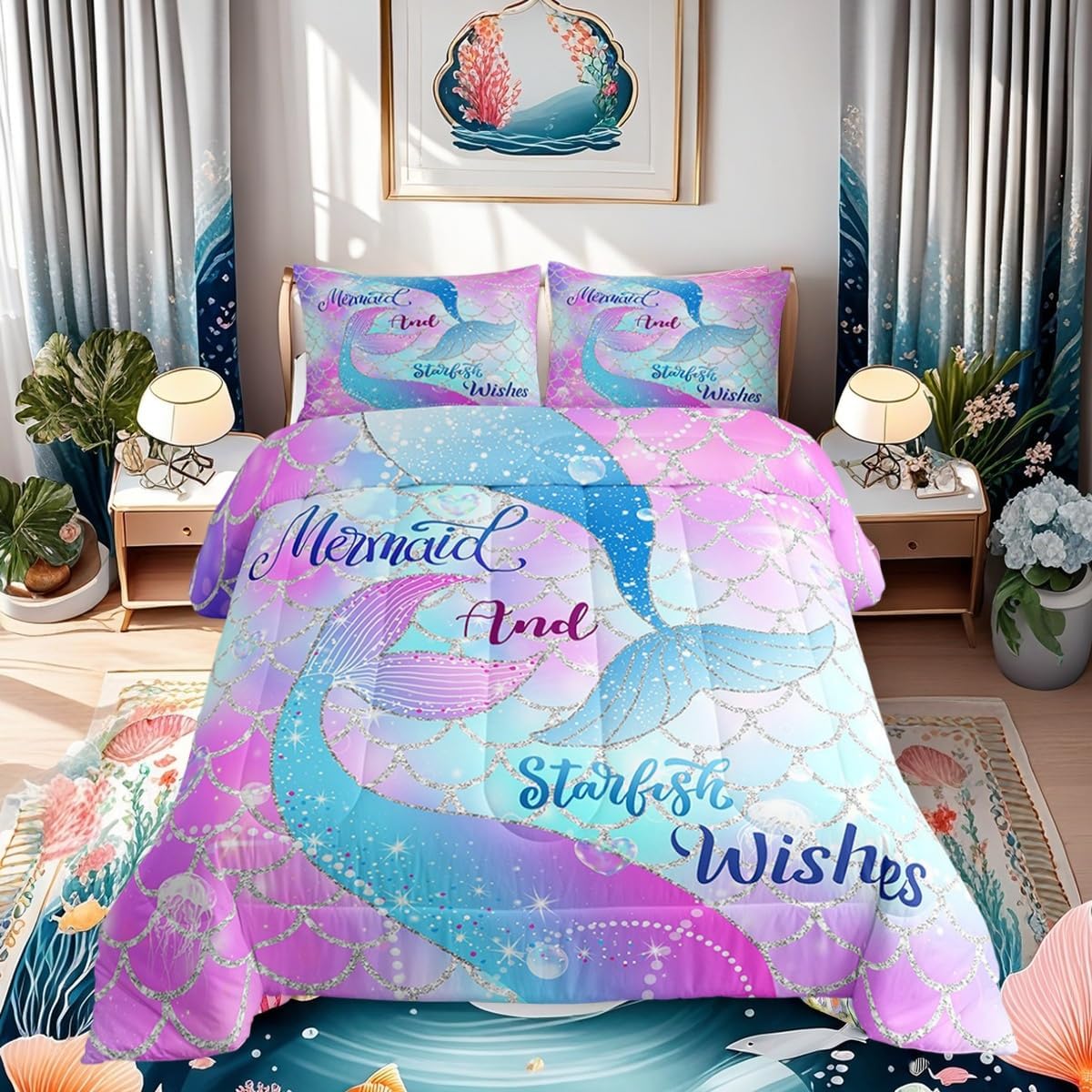 Erosebridal Mermaid Tails for Girls Bedding Full Size Fish Tail Comforter Gradient Rainbow Fish Scale Quilt Bed Set, Sparkle Mermaid Comforter Set for Teen Kids, Girly Glitter Bedroom Decor