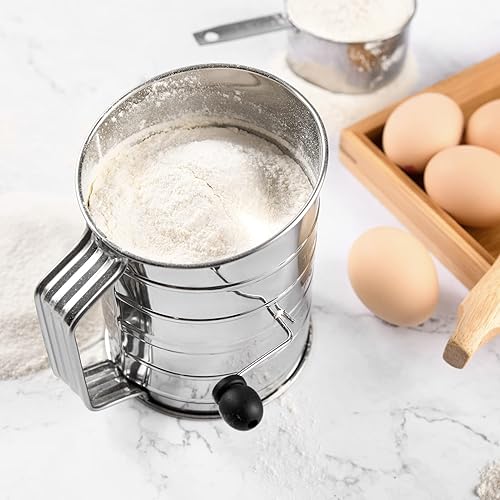 Miniatura 5 de HULISEN Tamiz de harina de 3 tazas para hornear, tamiz de manivela giratorio de acero inoxidable, agitador de azúcar en polvo y cacao