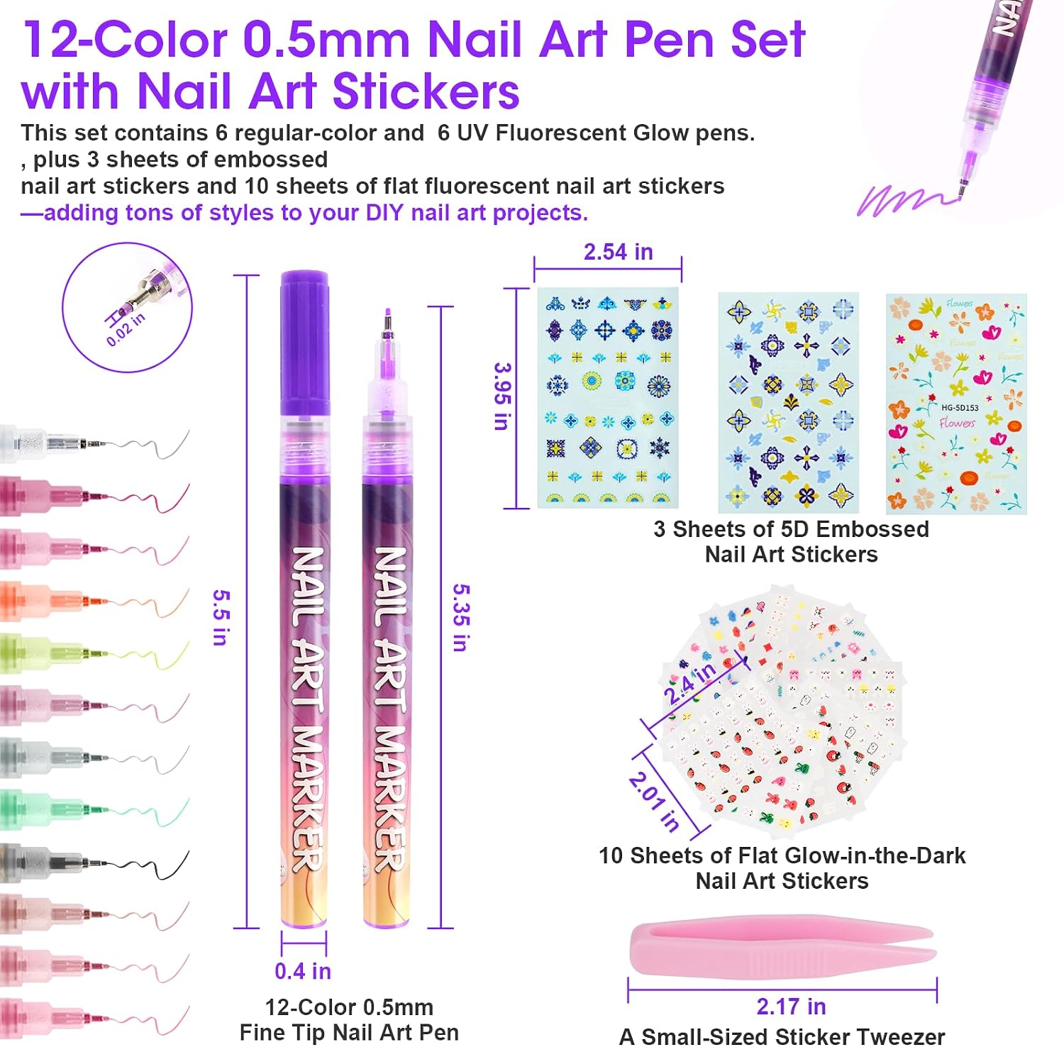 12 Color 0.5mm Fine Tip Nail Art Pens Set - 6 UV Fluorescent Glow, Non-Toxic & Safe, Leak-Proof Nail Markers with Stickers for DIY Nail Art, Greeting Cards & Crafts