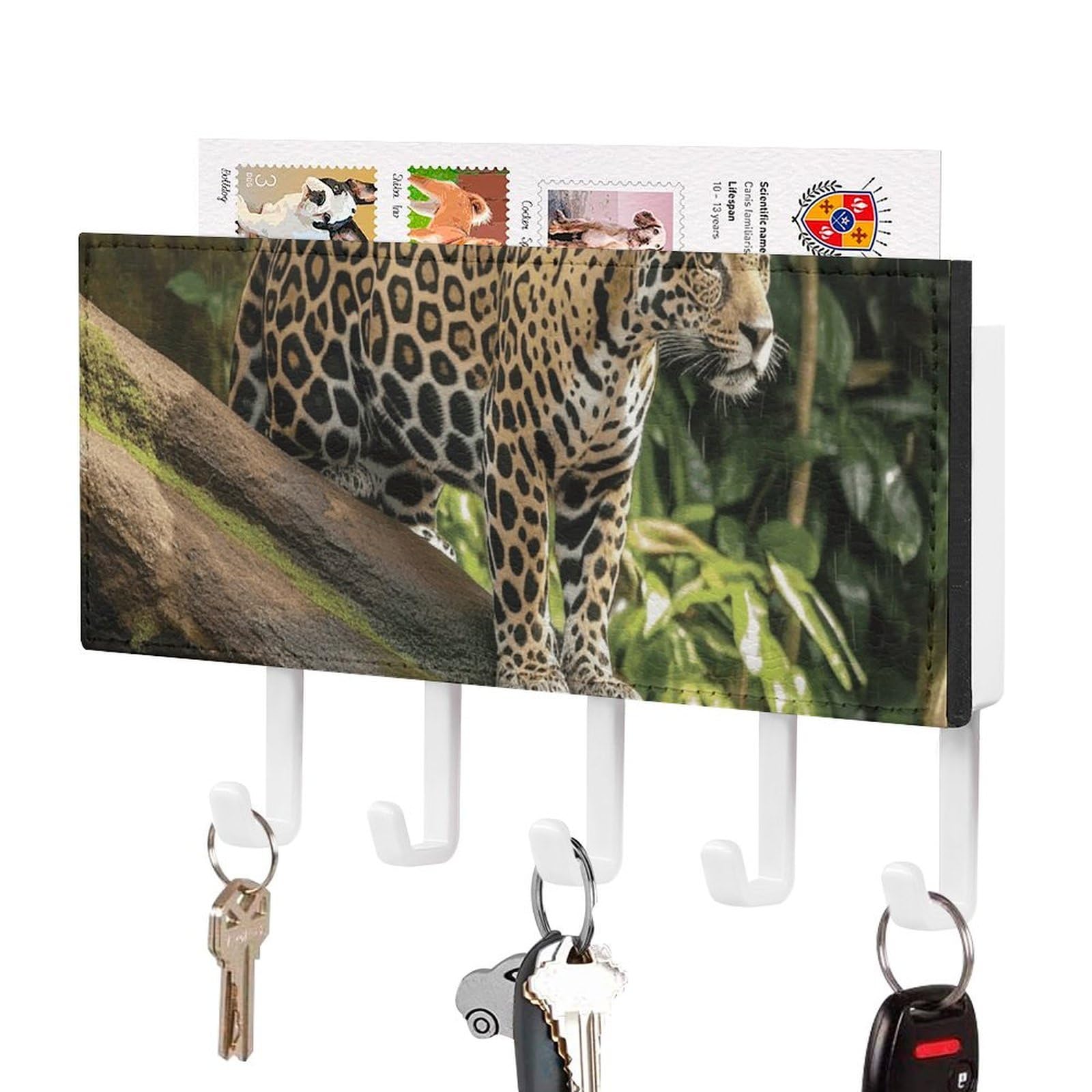 Vstadank White-Style Jaguar Cat On Tree Trunk Waterfall Key Holder For Wall Decorative Mail Organizer Exquisite Coat Rack Pu Wall Mount Adhesive Keys Rack With Tray&5 Key Hook For Door Hallway Entryway Decor