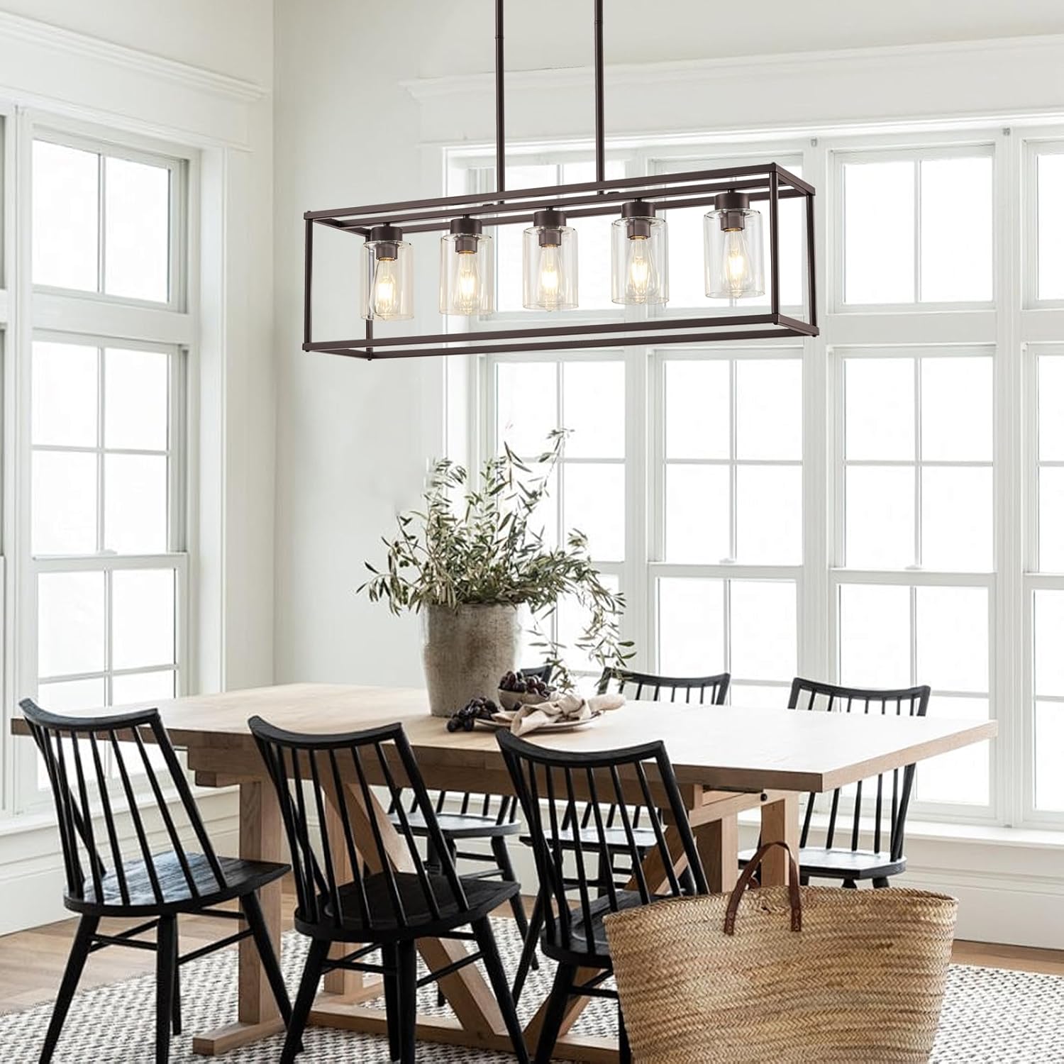 5 Light Oil Rubbed Bronze Dining Room Light Fixture Modern Farmhouse Chandelier Over Table Rectangle Kitchen Island Pendant Lighting Linear Chandelier Living Room Hanging Light Adjustable Height