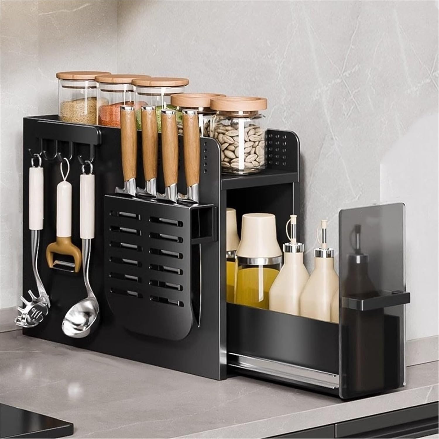 Kitchen Countertop Organizer Pull Out Storage Spice Rack Seasoning Condiments Spice Rack with Drawer Kitchen Food Storage Container Multi Scenario Use(2 Tool Carrier Hook)
