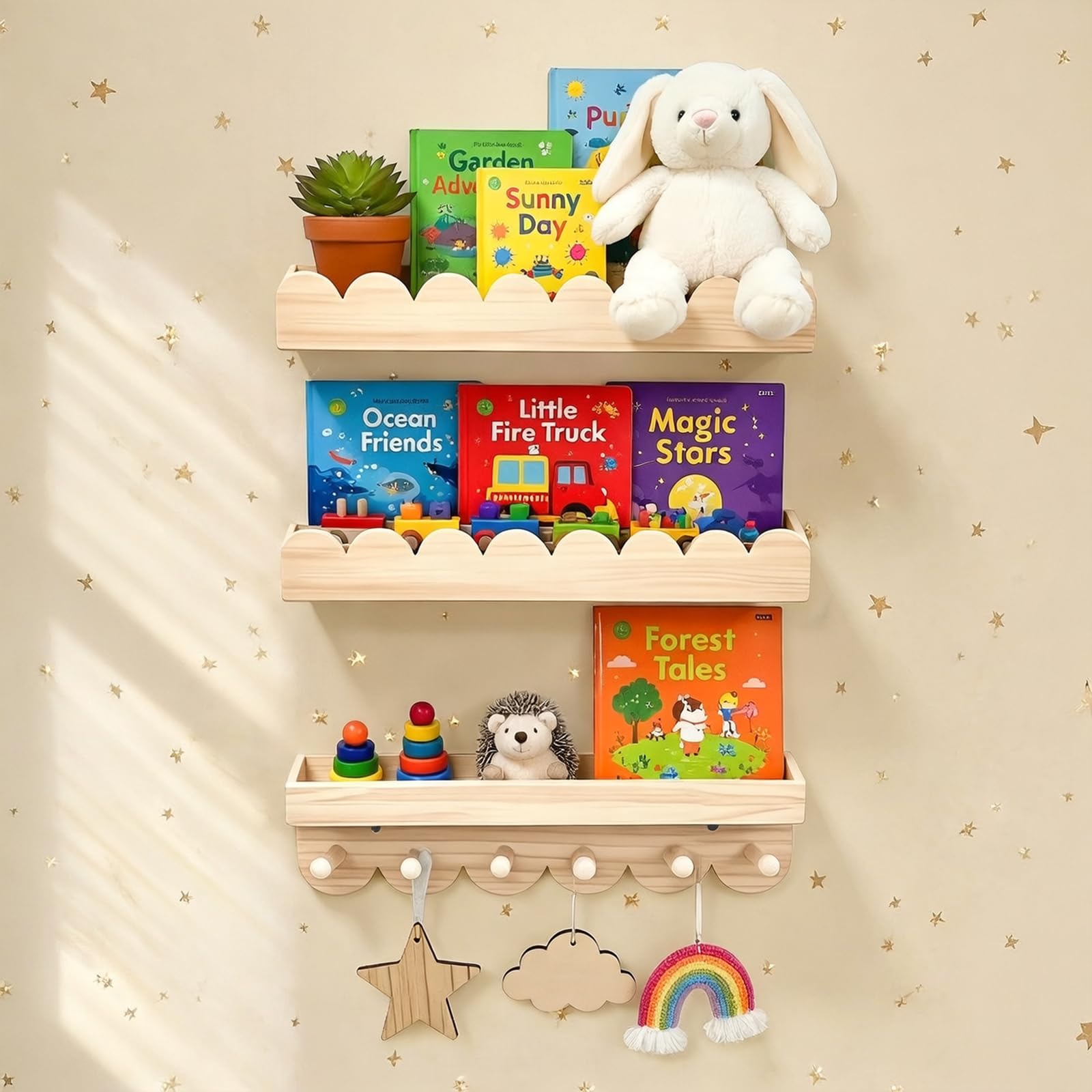 ULIKEUS Wooden Nursery Floating Shelves Set of 3, 40cm Scallwall Mounted Hanging Organizer with 6 hooks, Floating Storage Shelf for Kids Bedroom Nursery Living Room Bathroom Decor