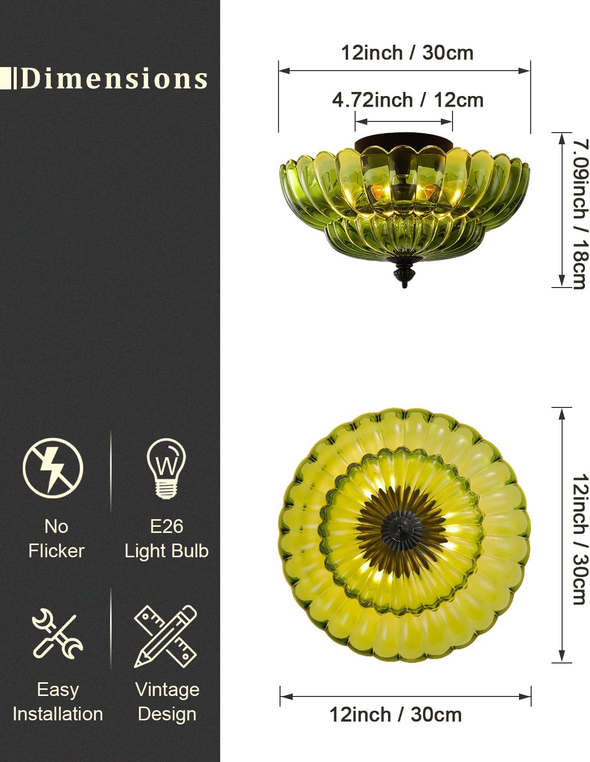ANYLOVE Modern 12Inch Green Flower Glass Semi Flush Mount Ceiling Light, 3 Light for Living Room Bedroom Hallway Entryway Foyer