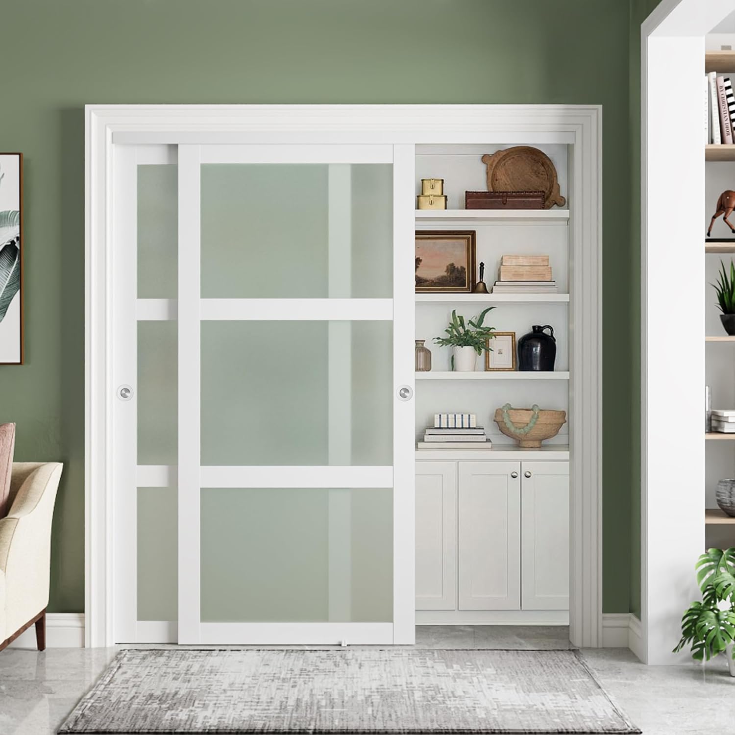 SMARTSTANDARD Sliding Closet Door 72x80(Double 37") Inch, Bypass Frosted Glass 3-Lite,Hardware Kit with Handles Included,Easy to Assemble MDF Door for Bedroom with Scratch-Resistant PVC, White