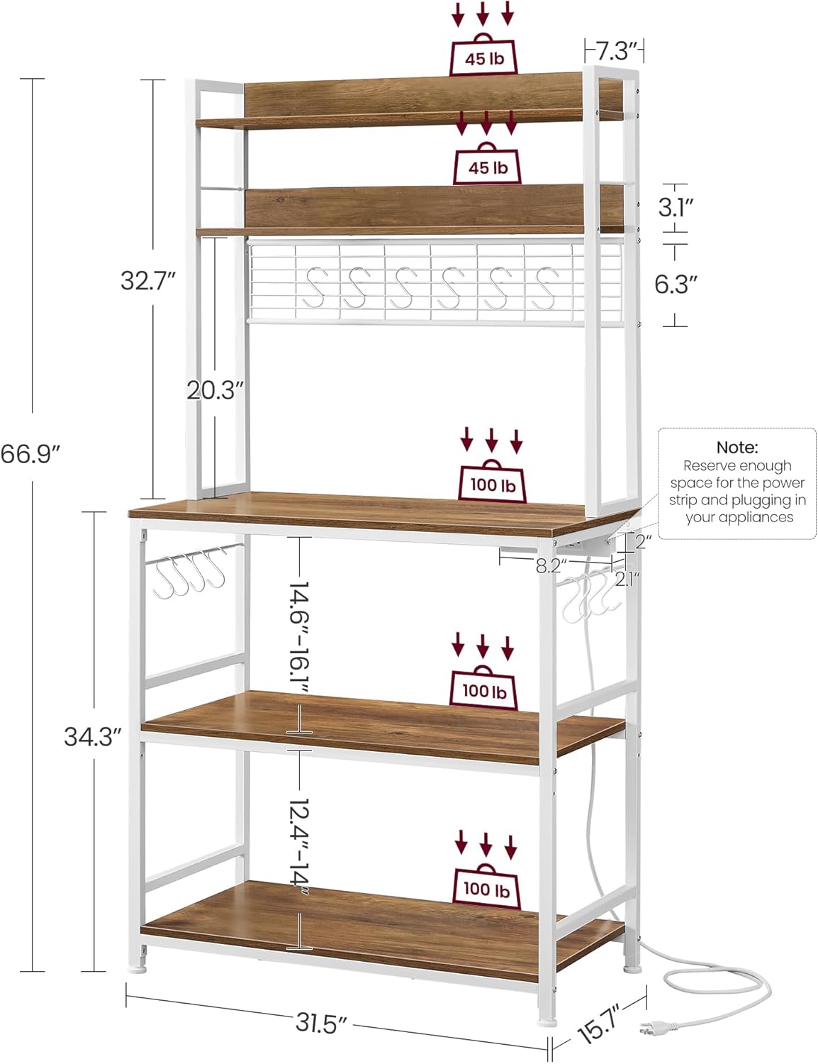 VASAGLE Bakers Rack with Power Outlet, Microwave Stand, Kitchen Tall Utility Storage Shelf, with Metal Wire Panel, 14 Hooks, 15.7 x 31.5 x 66.9 Inches, Rustic Walnut and Cloud White UKKS025W41