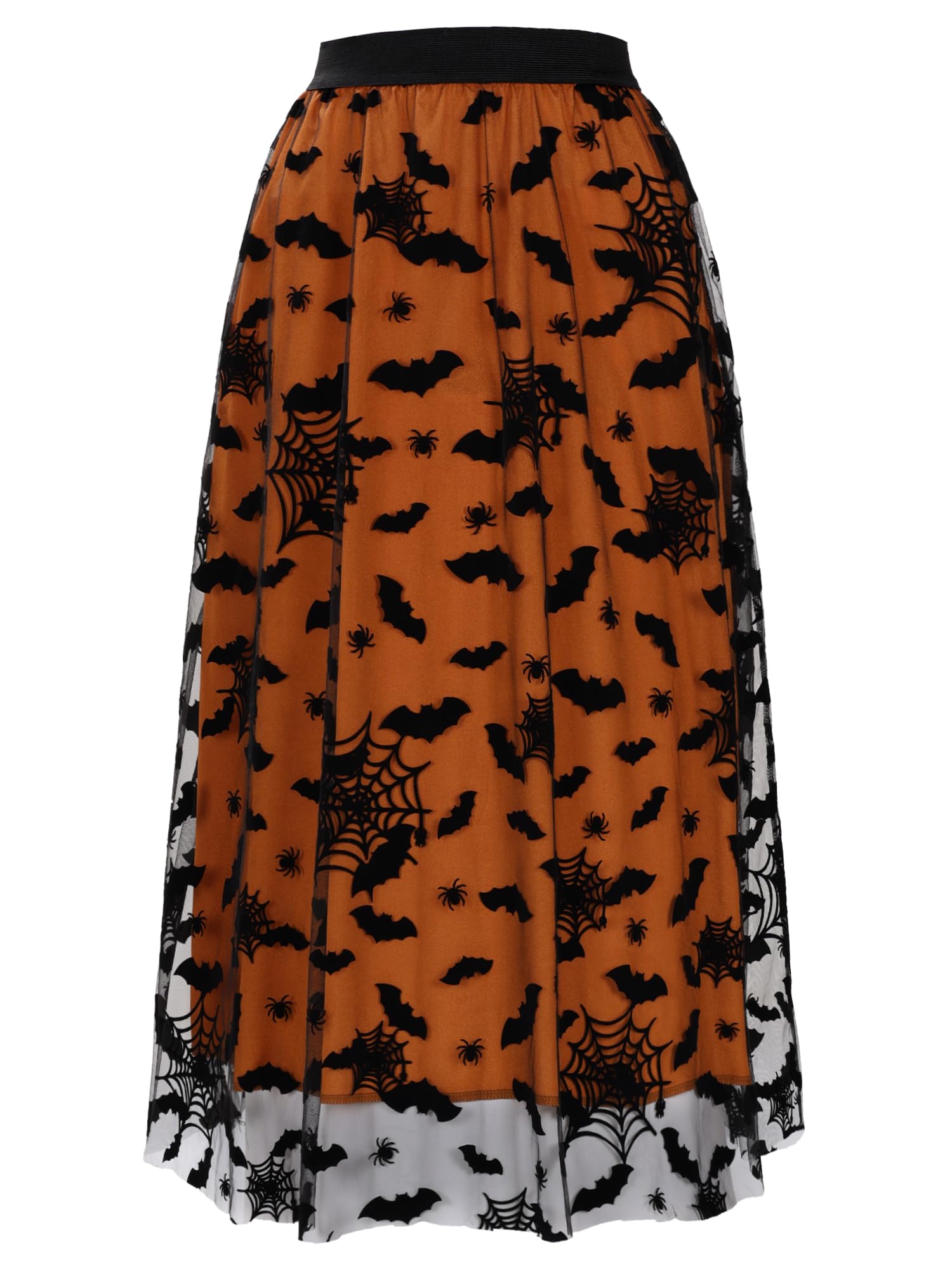 Cossoul Halloween Tulle Skirt Women Pumpkin Elastic Waist Layered Mesh Midi Halloween Witch Skirt, Orange Bats, L-XL
