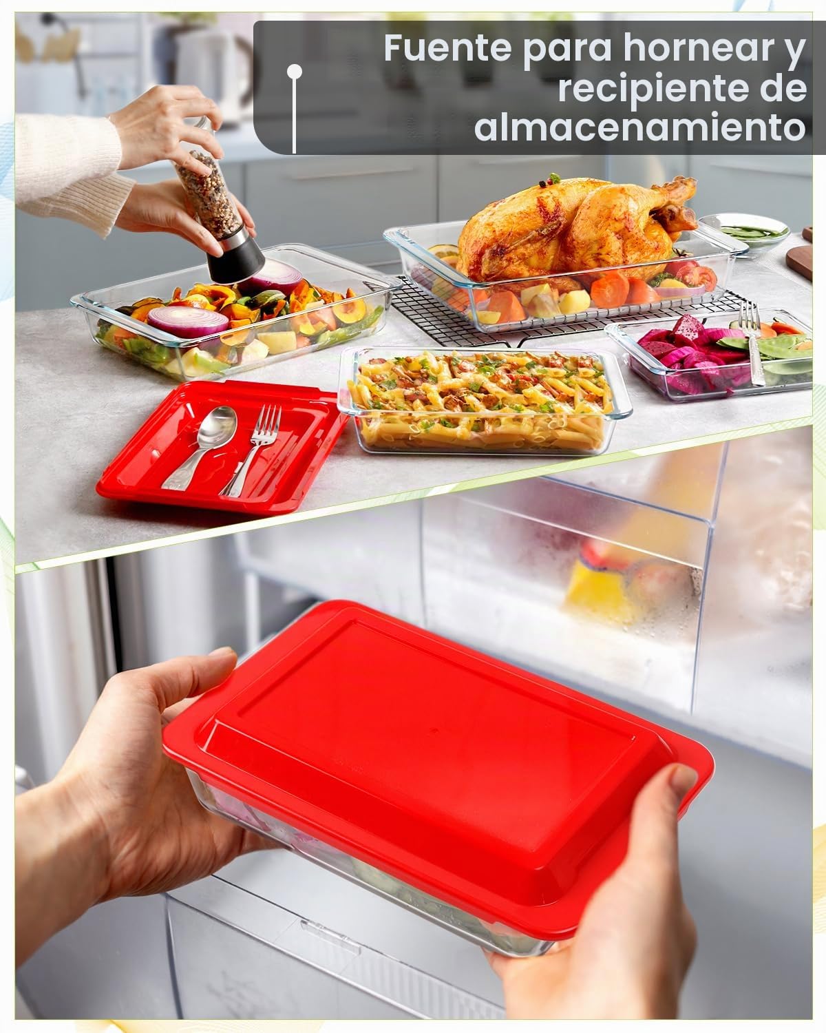Set de 4 Fuentes de Vidrio con Tapa, 1+1.7+2.8+4.2L - Fuentes de Lasaña para Horno (NO LA TAPA), Rectángulo, Recipientes de Vidrio con Tapas de Plástico