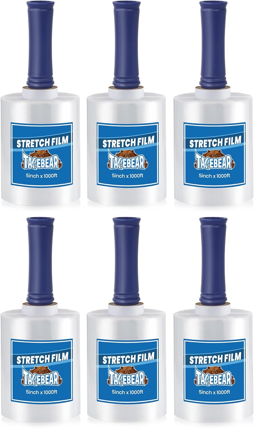 TAPEBEAR Mini Clear Stretch Wrap Film 80 Gauge 5" x 1000Ft, Shrink Wrap Roll with Handle, Durable Self-Adhering Clear Plastic Wrap Industrial Strength Pallet Shrink for Moving, Packing, 6-Pack