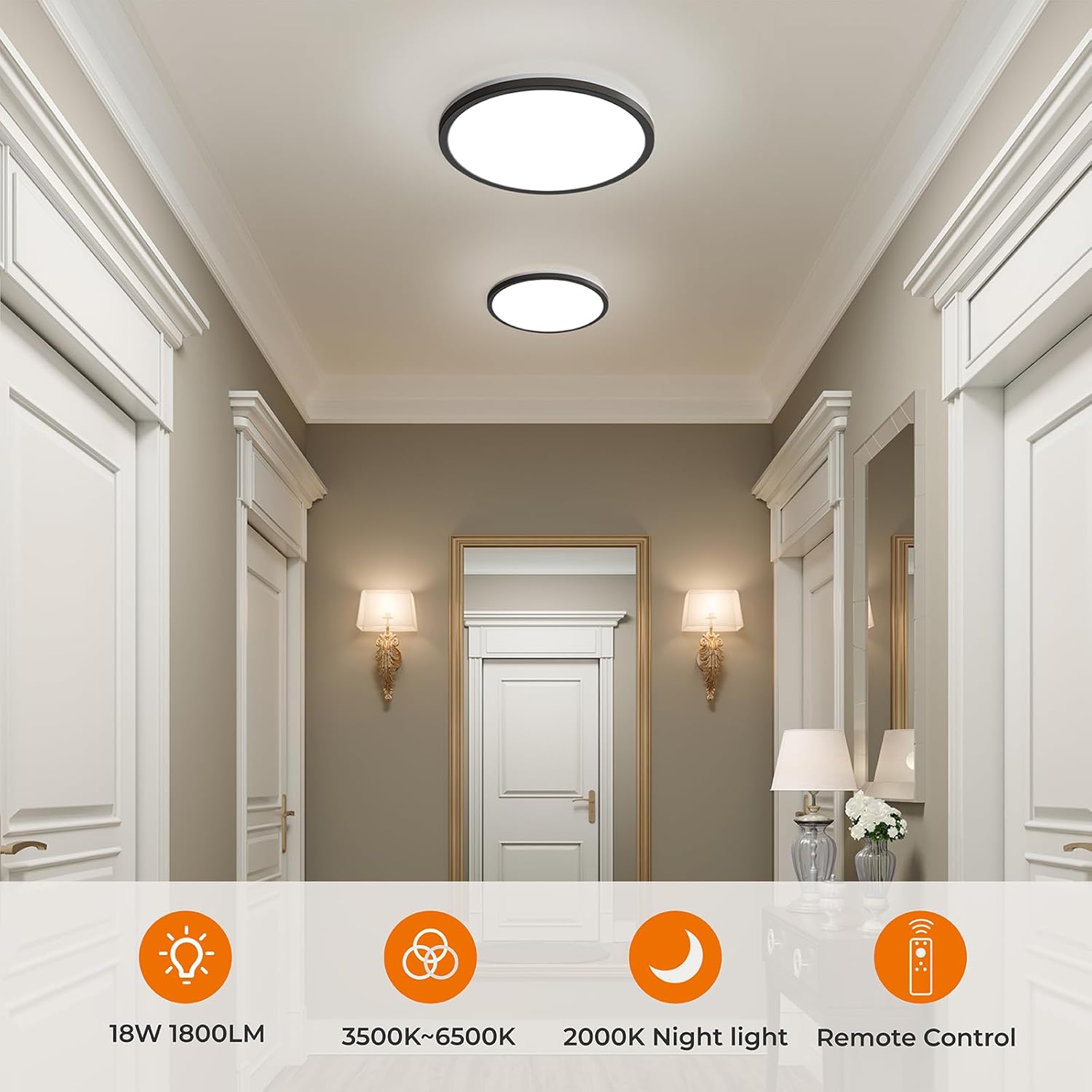 Matane Flush Mount Ceiling Light Fixture with Remote Control, Nightlight 8.7 Inch 18W 3000K-6500K Adjustable, Led Low Profile Ceiling Lights for Bedroom, Living Room,Dining Room, Kitchen, Round Black