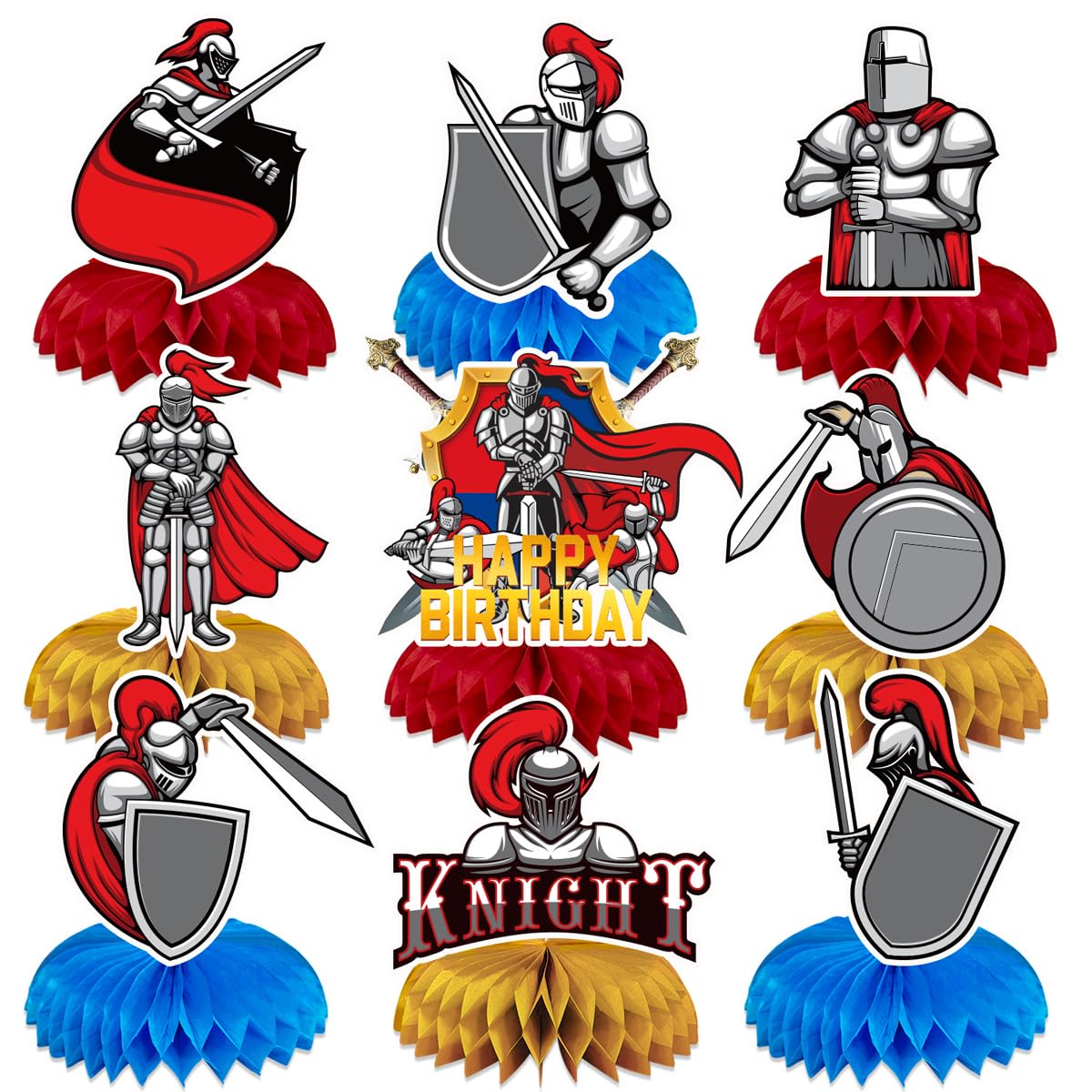 Fuwraixis Medieval Honeycomb Deco, 9 Piece Retro Knight Birthday Party Decoration, Spartan warrior Honeycomb Table Centrepiece, for anniversarie and family gathering