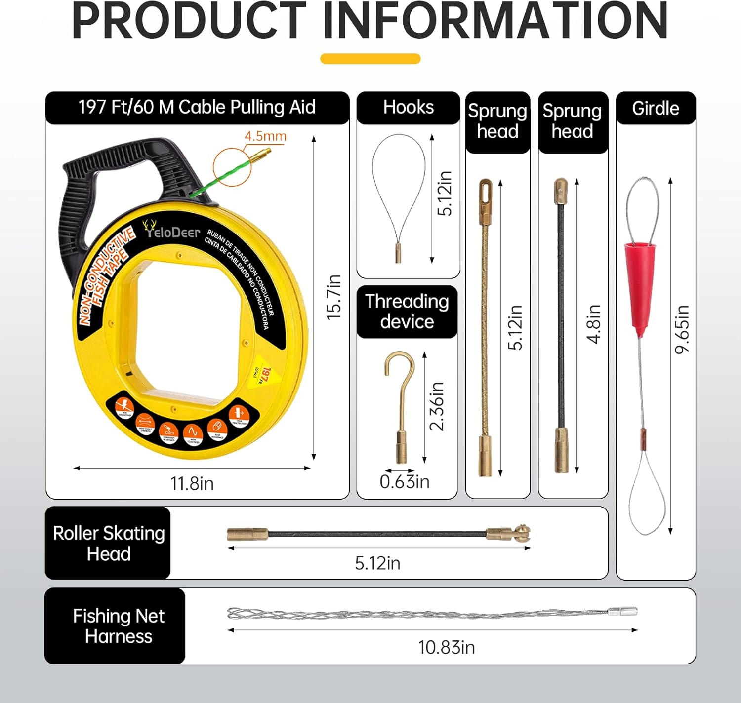 Fish Tape Wire Puller 197 FT x 4.5 mm with Gloves and 7 Adapters, PET Wire Fishing Tools for Walls and Electrical Conduit