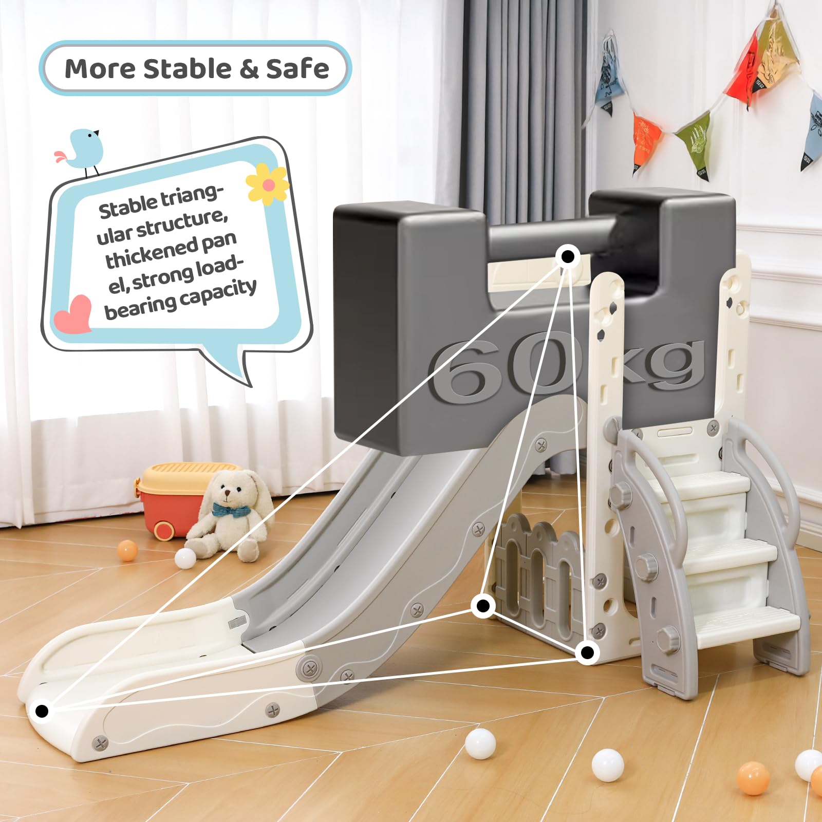 Kinderrutsche, Indoor & Outdoor Rutsche ab 1 Jahre, Freistehende Rutsche mit Stauraum & Spielteleskope, Gartenrutsche, Kinder Spielplatz, mit 2PCS Moduls, Grau Weiß