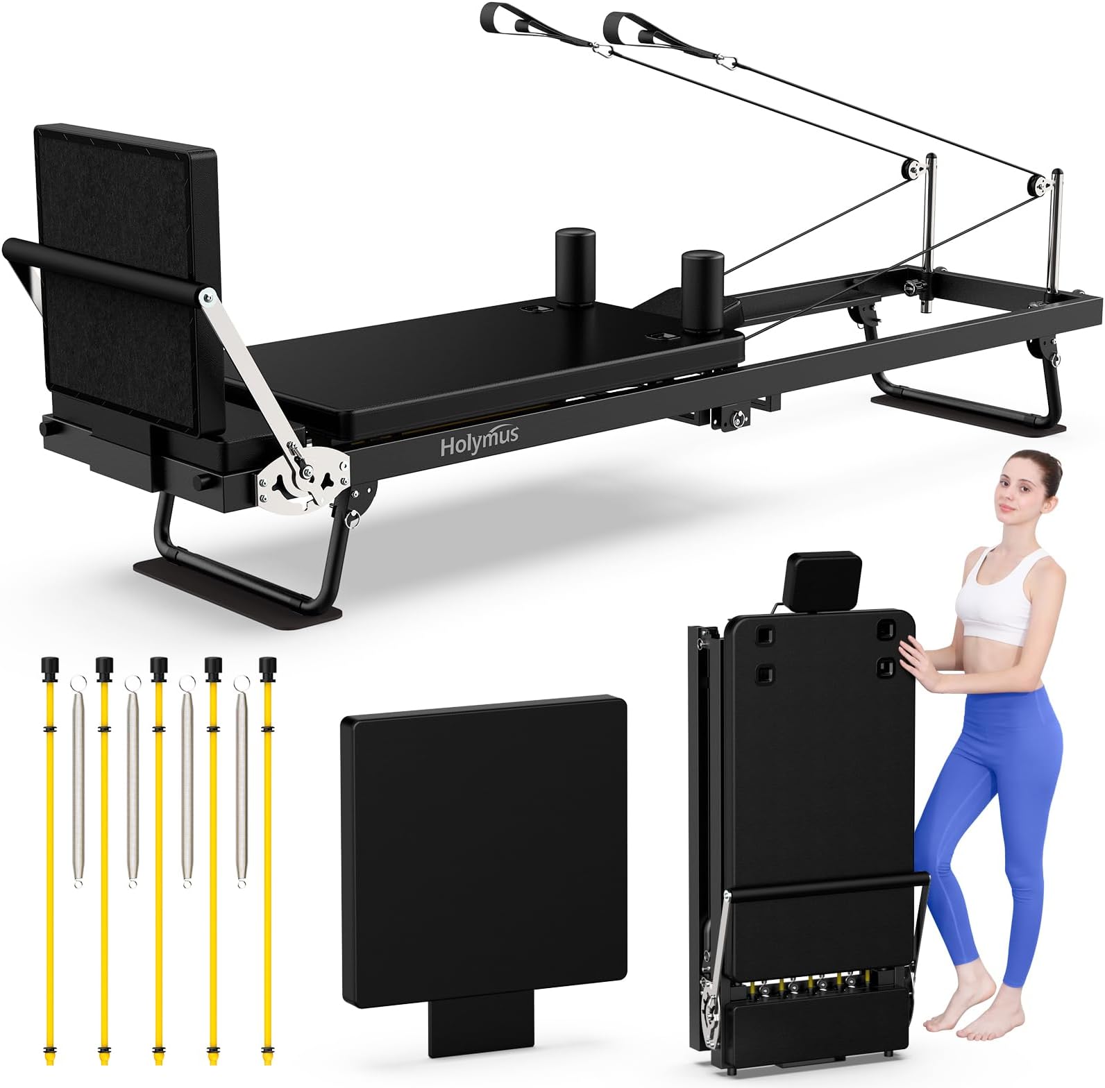Pro 93" Foldable Pilates Reformer Machine with Tower - Home Gym Equipment Includes Jump Board, Mat, 500lb Capacity - Studio Quality 3-in-1 System (Reformer/Tower/Cadillac) - Space Saving Design, Black