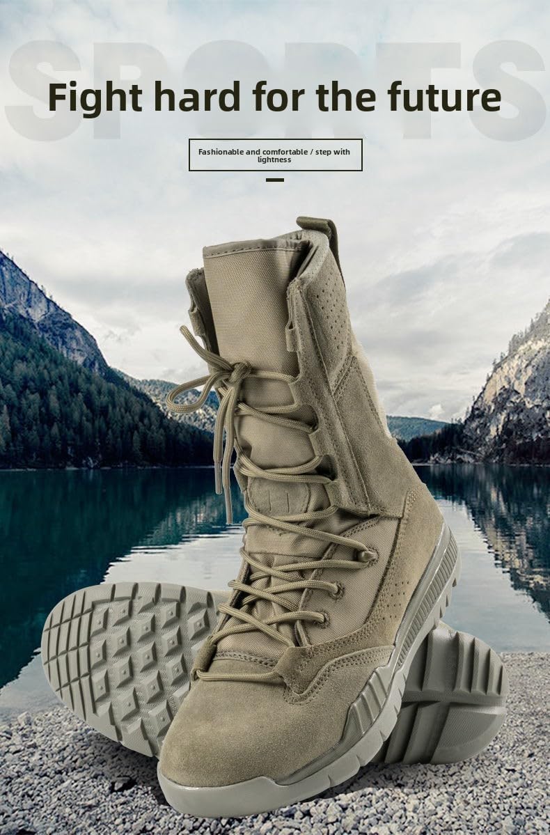 Men Tactical Combat Boots Durable Suede and Nylon Outdoor Military Work Boots Lightweight Breathable Ankle Support Shoes for Hiking Patrol and Desert Terrain