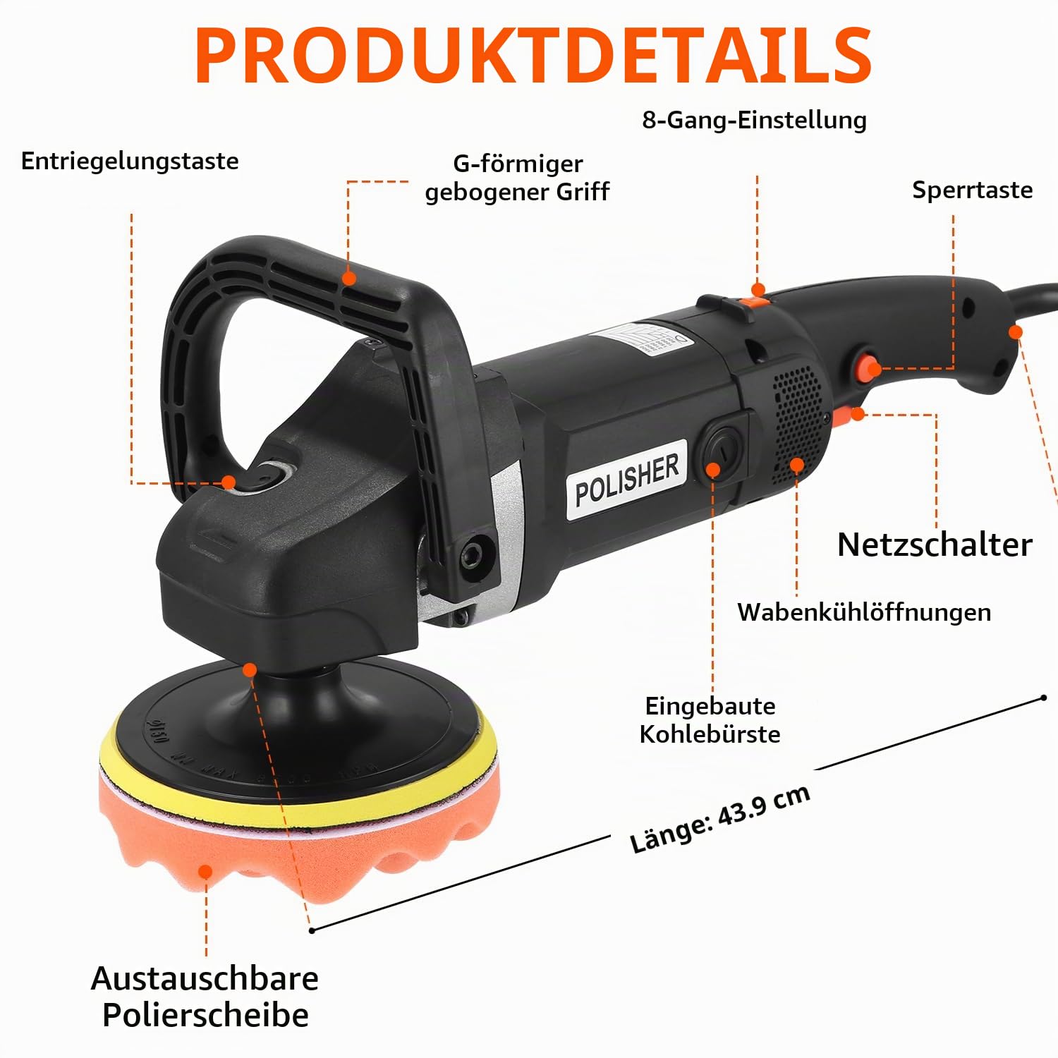 Poliermaschine, 1600W Professionell Auto Poliermaschine Set, 8 Variable Geschwindigkeit, Set 24 pcs mit 180mm Polierteller, Abnehmbarer D Griff und Seitengriff, zum Wachsen und Polieren von Autos