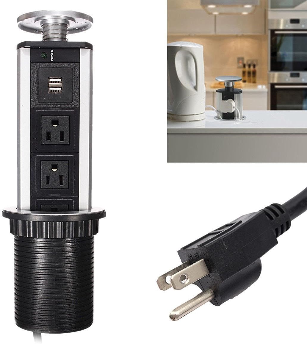 US Version, Hide-power Pulling Pop-up Station Desktop, 2 Outlets, Plastic & Aluminium, 2 USB up, Black & Silver