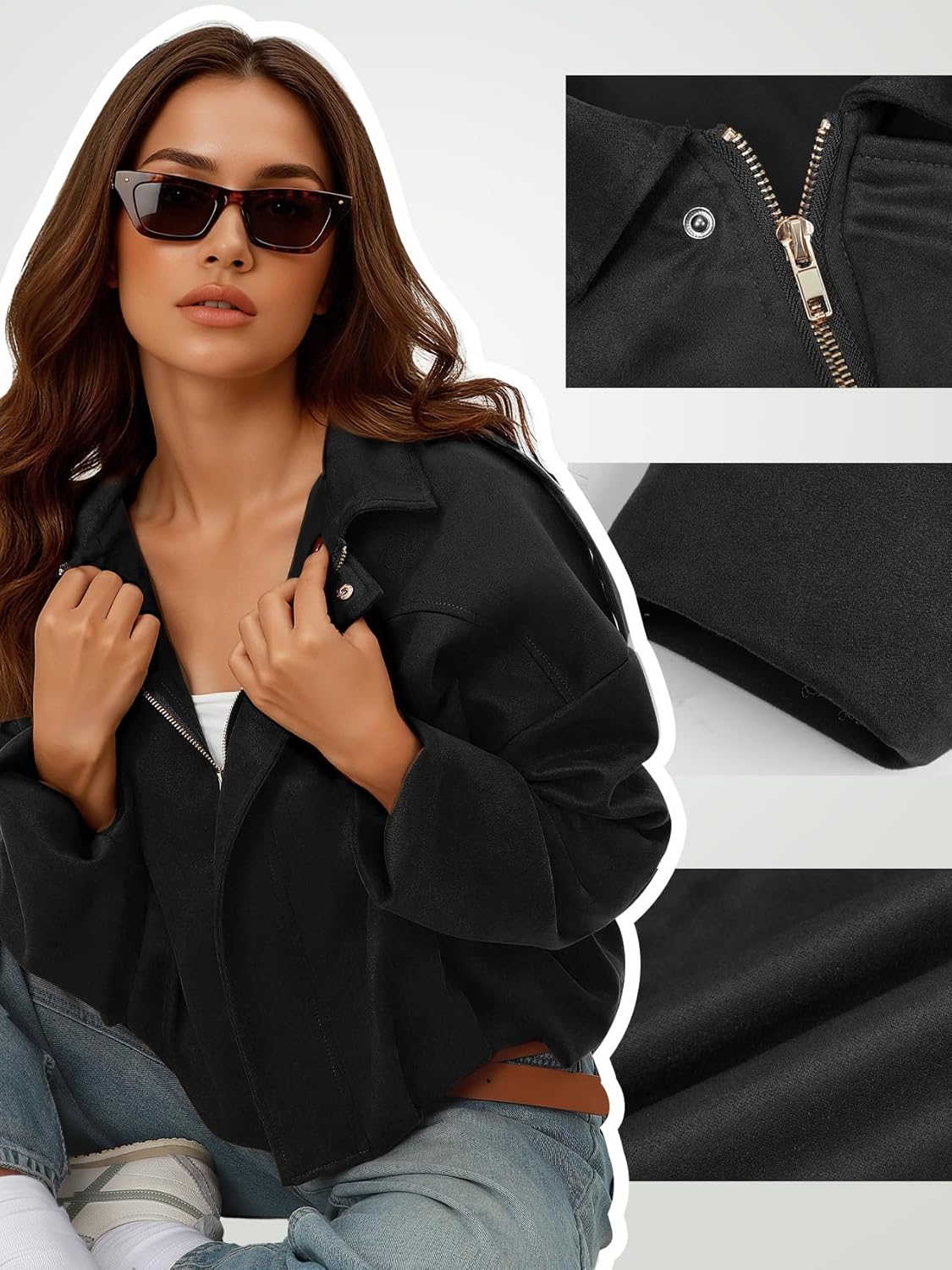 LEACOOLKEY Women's Faux Suede Bomber Jacket Casual Pilot Coat Oversized Spring Fall Batwing Long Sleeve Streetwear Outwear - Image 5