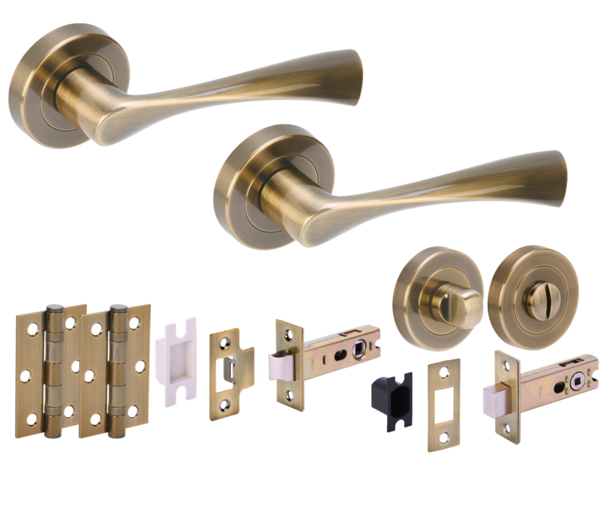 Hunta HANDLEZONE® Zena Door Handles on Rose Bathroom Deadbolt Pack with Ball Bearing Hinges - Antique Bronze