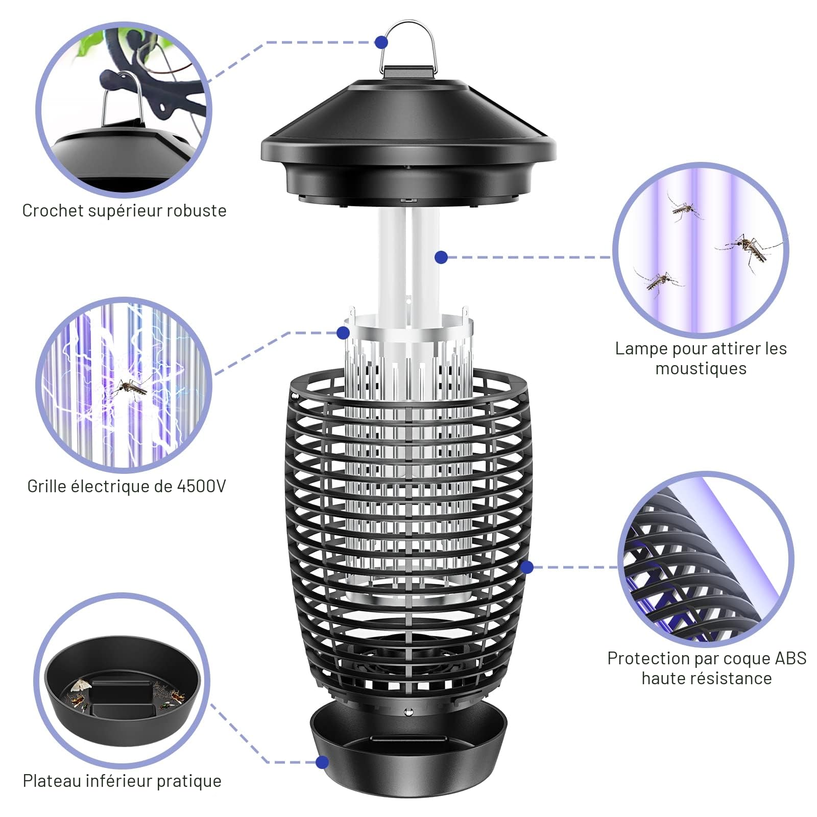 Palone Lampe Anti Moustique 4500V 20W UV Tueur d'Insectes Électrique Portée 100m² Intérieur Extérieur