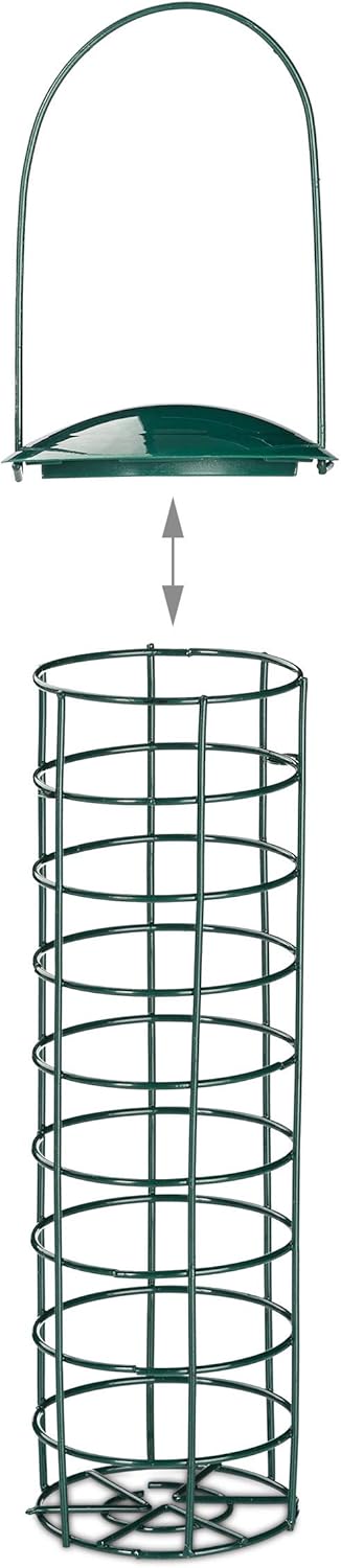 Relaxdays Hanging Fat Ball Holder, Wild Bird Feeder, Silo with Roof, Iron, 31 cm, Dark Green, 1 Item