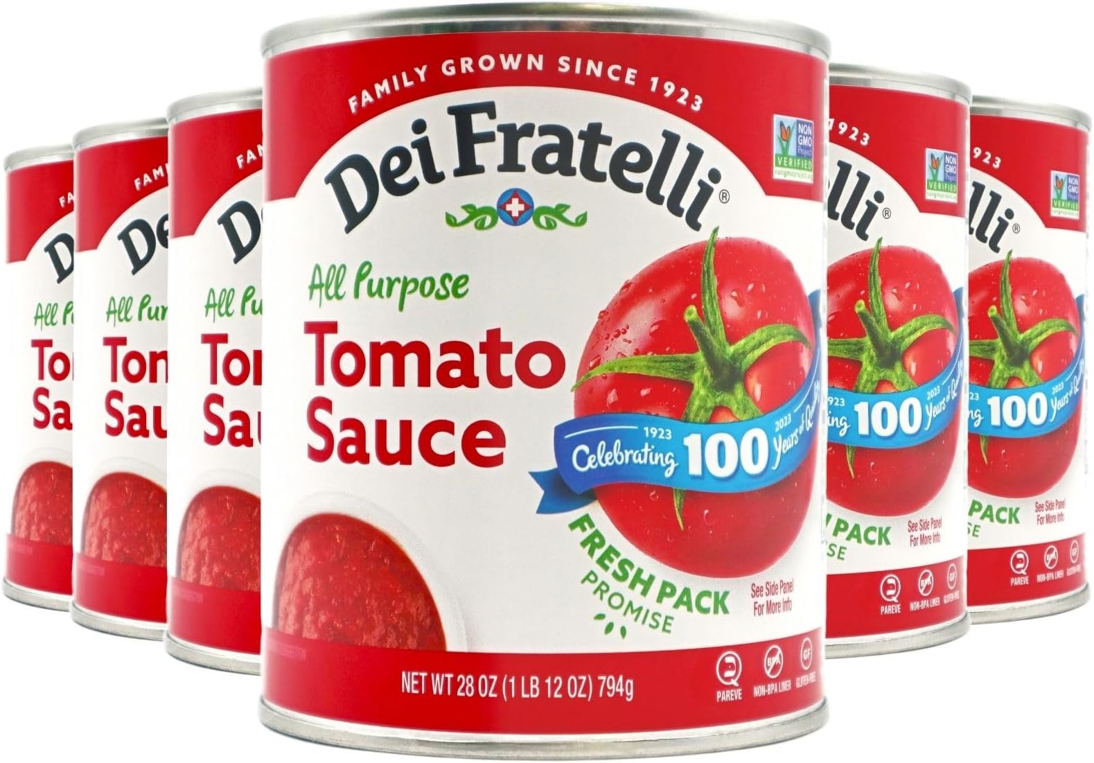 Dei FratelliTomato Sauce (28 oz. cans, 12 pack) - Vine-Ripened - No Water, No Paste – Non-GMO, Gluten-Free - 5th Generation Family Recipe