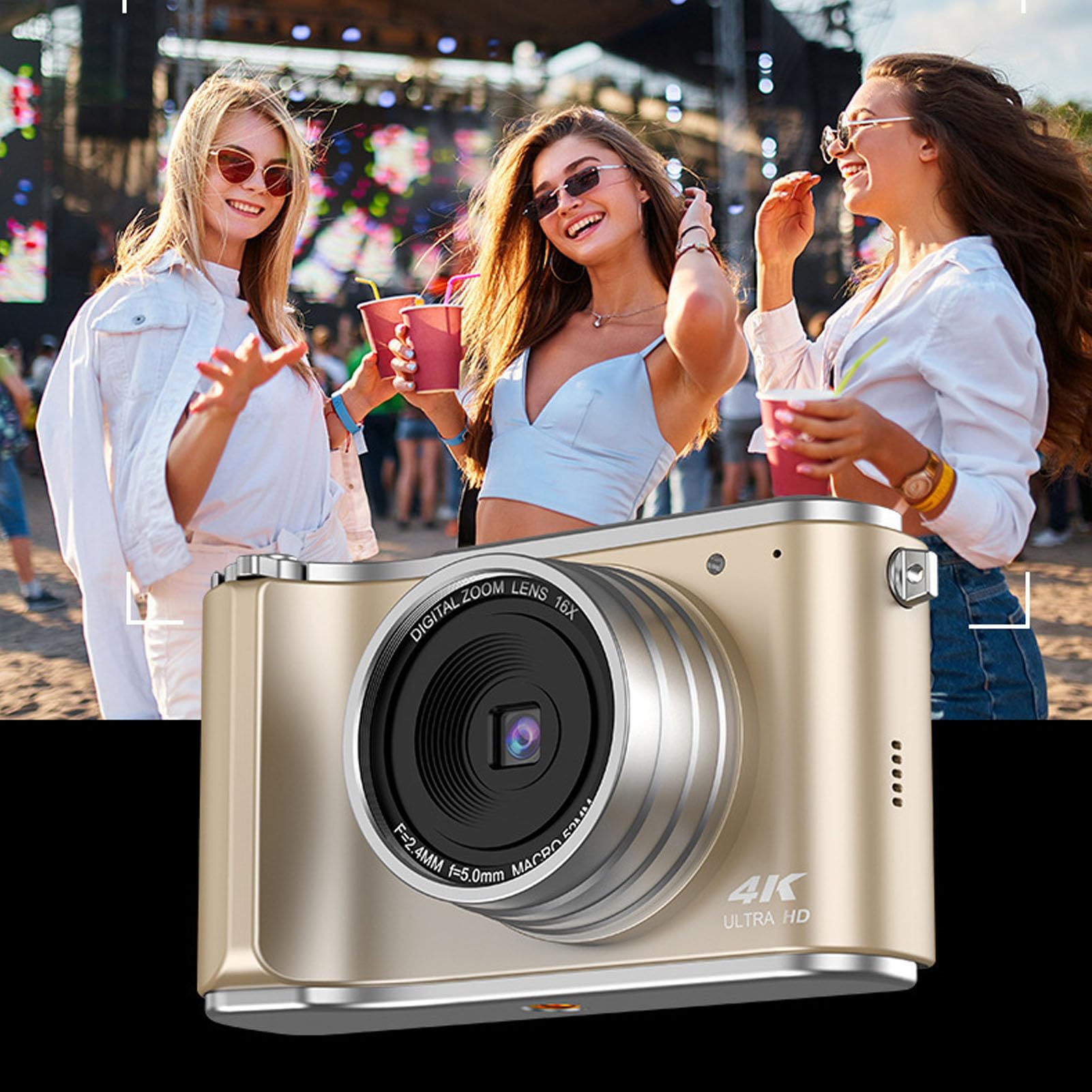 Bewinner Camera Digitale 4K per Fotografia e Video, Fotocamera da Vlogging AutoFocus 64MP con Schermo di Lancio da 3 Pollici a 180 °, Fotocamere Zoom Digitali 16x per Principianti (GOLD)