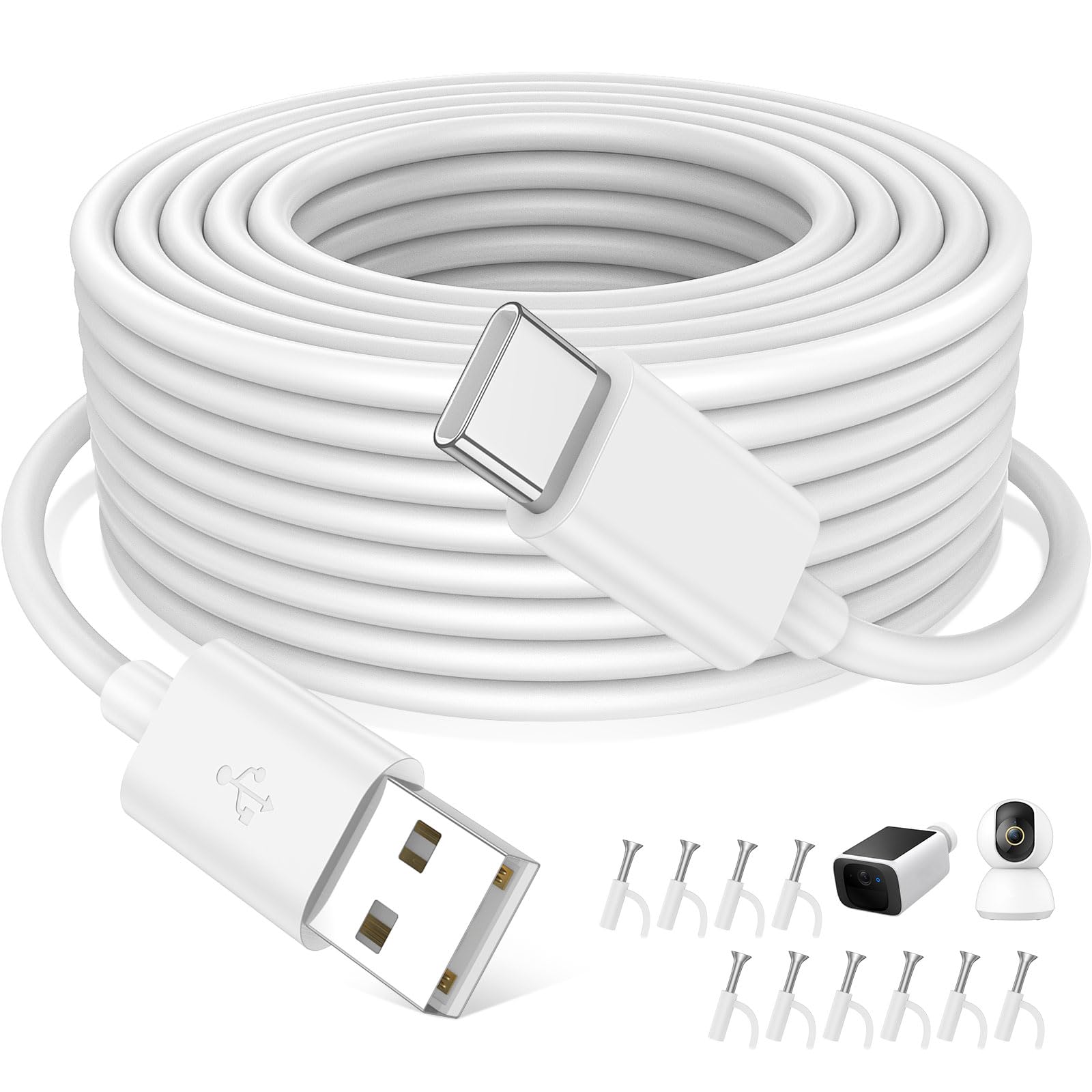 ELOLOHI Extra Long USB to USB C Cable for eufy Cam S340 10M/33FT Type C Power Extension Cable for Xiaomi Mi Camera 2K Indoor Outdoor Home CCTV Security Camera USBC Power Cord with 10 Wire Clips, White