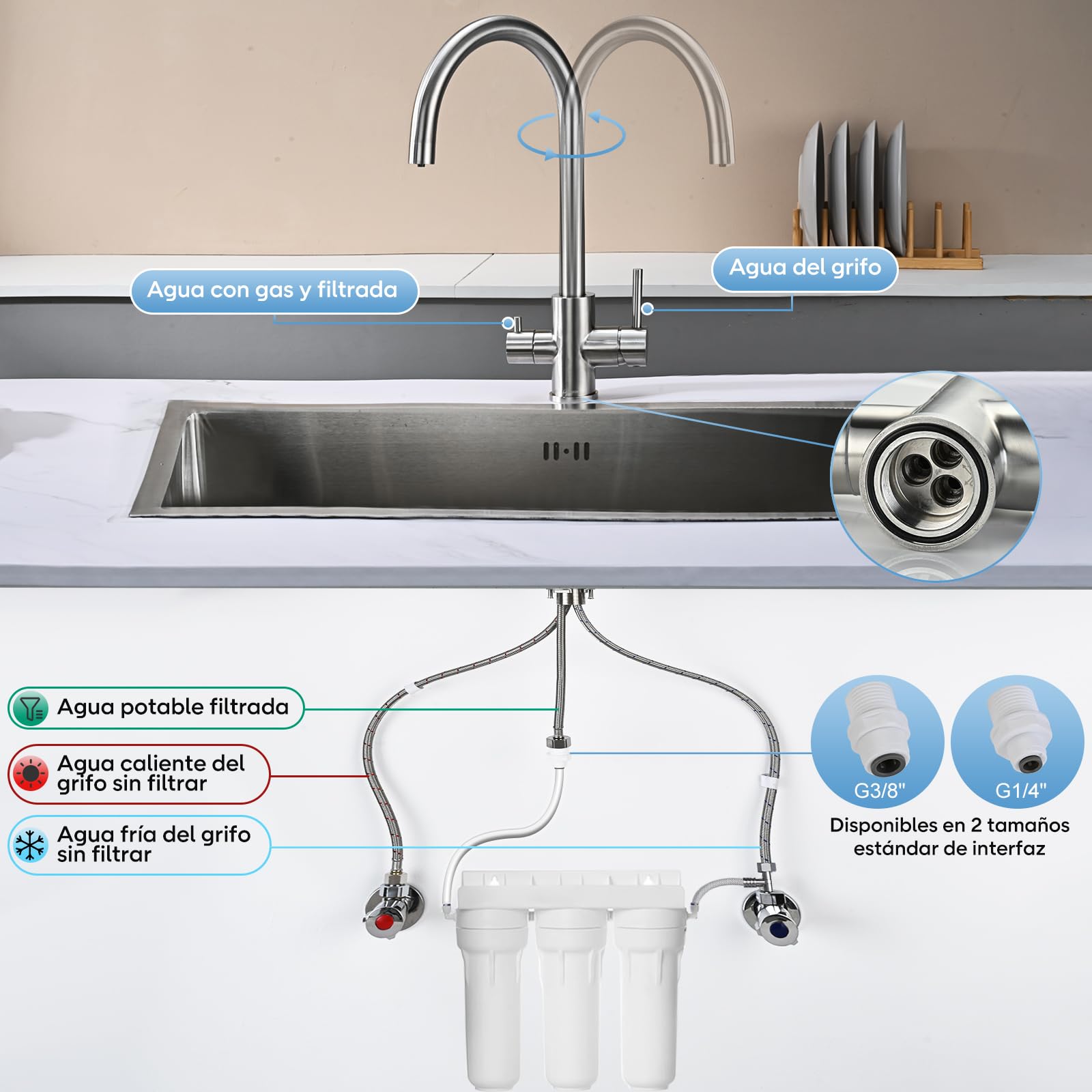 Grifo para Fregadero de Cocina de 3 Vías, DETBOM Mezclador para Sistemas de Ósmosis Inversa, 3 en 1 con Doble Palanca para Agua Potable, Grifo Giratorio a 360°, Acero Inoxidable, Plata Cepillada