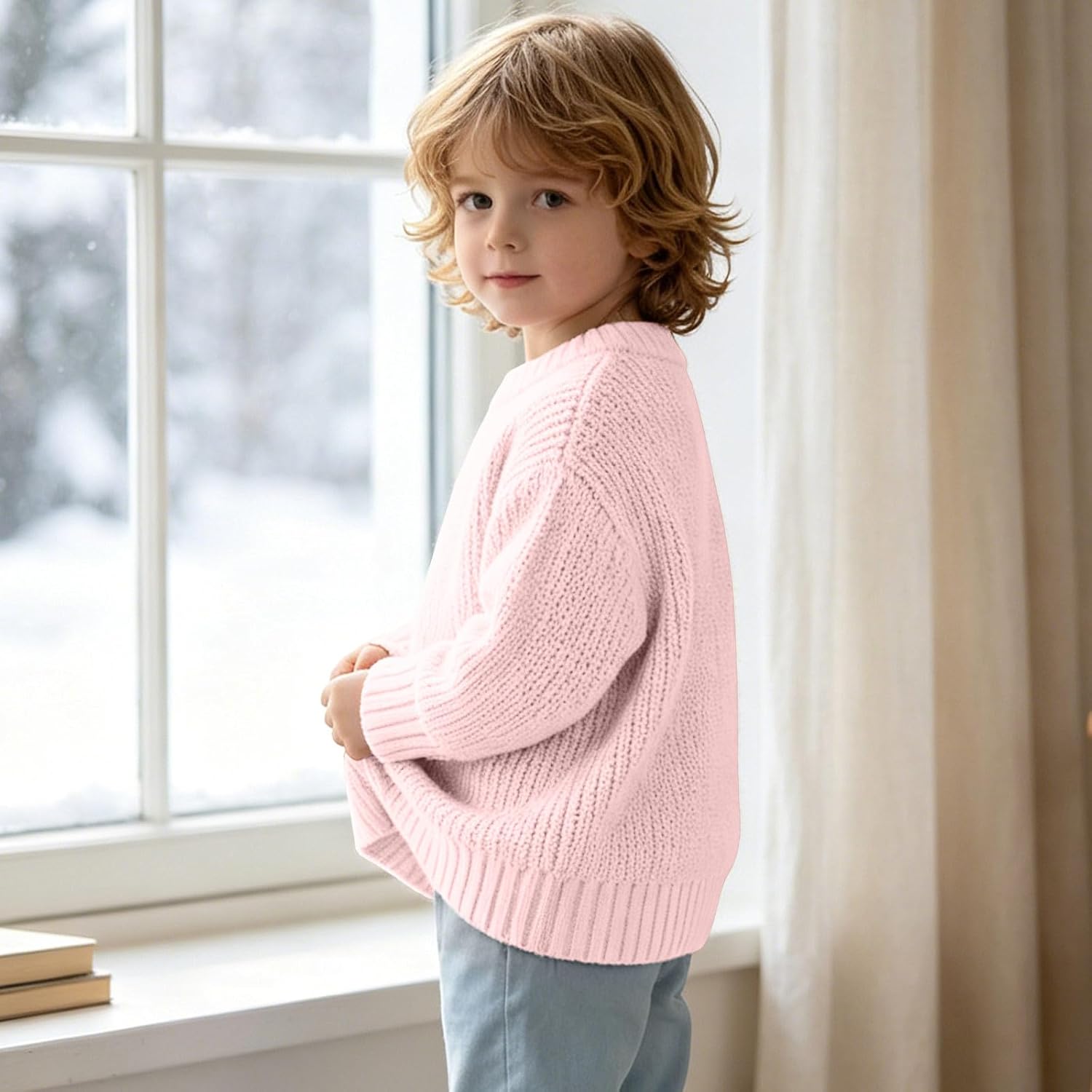 Oplxuo Boys Girls Chunky Knit Sweater Crew Neck Long Sleeve Casual Pullover
