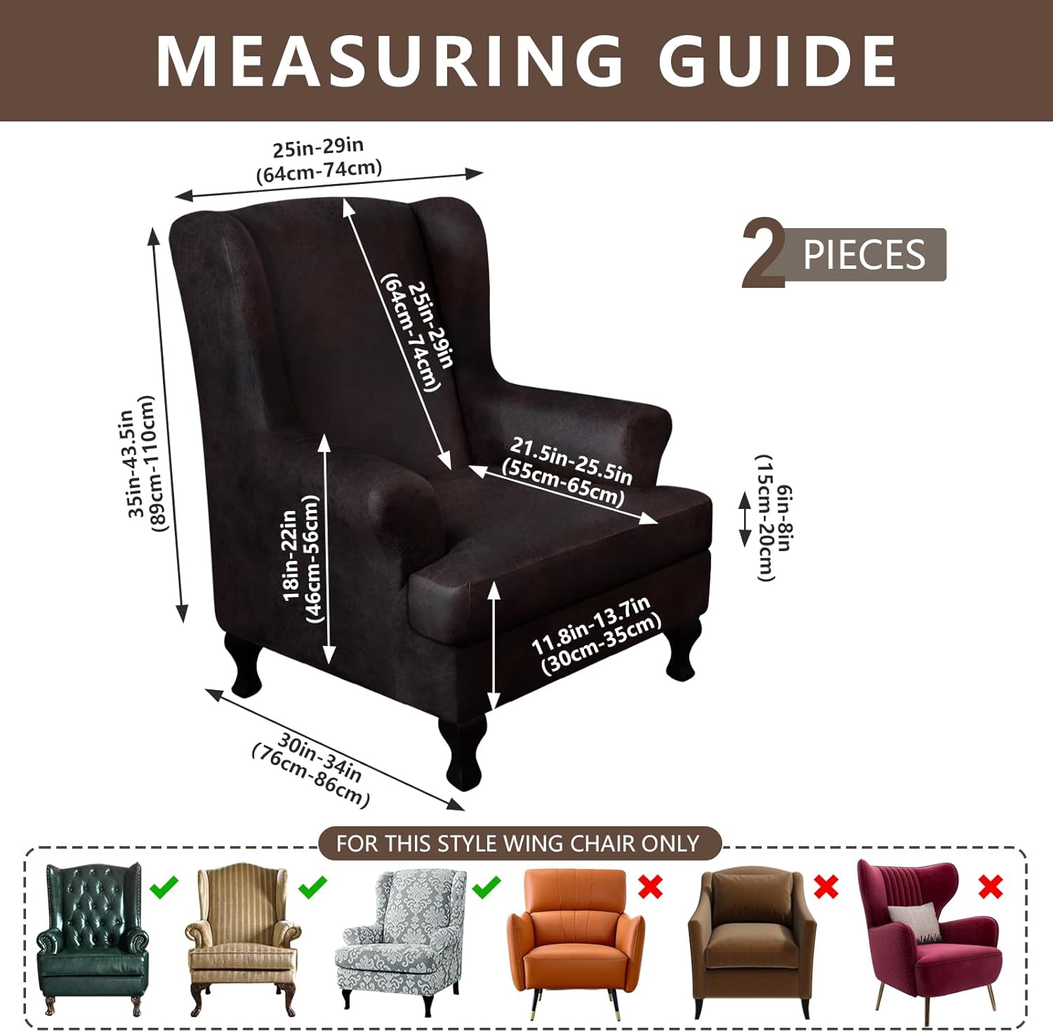 ANARACHON Leather Look Wingback Chair Covers, 2-Piece Wing Chair slipcover,Stretch Wing Back Armchair Slipcovers with Elastic Bottom, Soft Spandex Furniture Protector for Living Room (Chocolate)