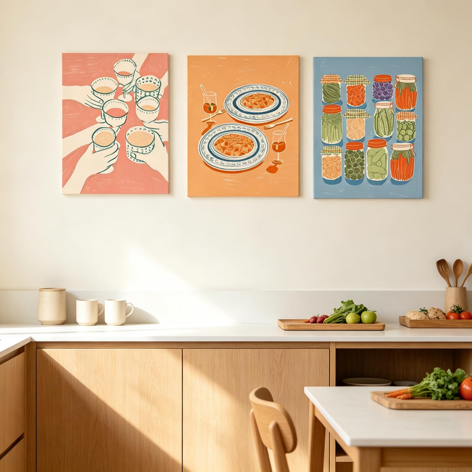 GFYJCKK 3er Küche Poster Set, Handgezeichnete Essen Wandbilder, Pasta Gläser Einmachglas Illustration, für Küche Esszimmer Leinwandbilder,Deko Bilder mit rahmen (40x50cm)