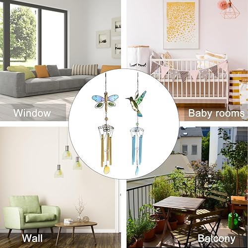 Miniatura 8 de Amosfun 2 campanillas de viento de vitrales  Colgantes colgantes de hierro de libélula y colibrí para decoración del hogar y el jardín, 33.85