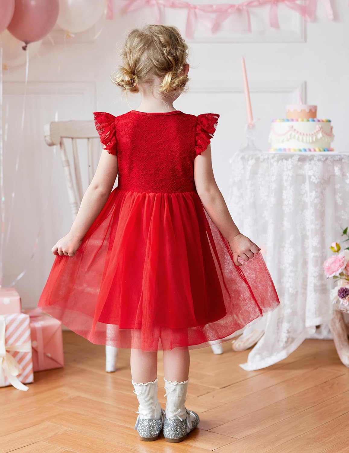 Arshiner Toddler Lace Tutu Dresses Ruffle Sleeve 3 Layers Tulle Flower Wedding Birthday Summer Little Girls Dress - Image 4