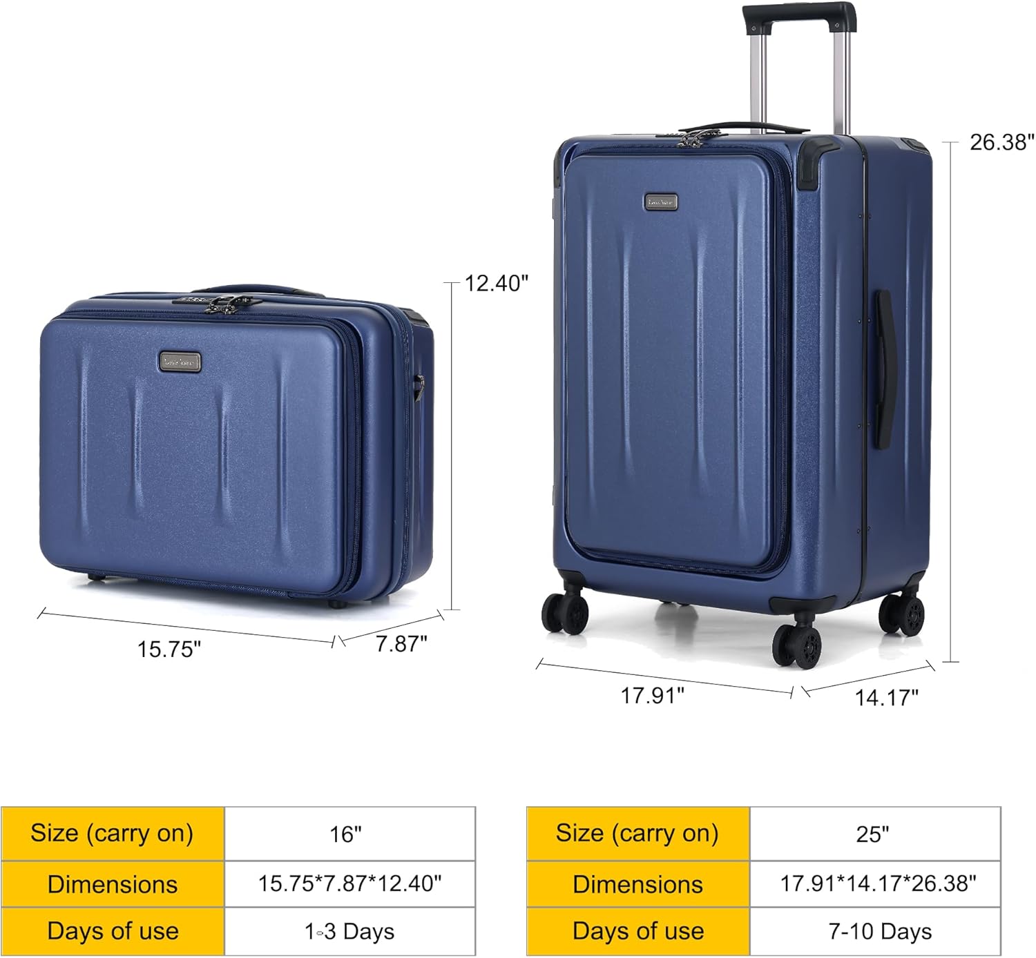Top Opening Luggage, 16Inch & 25 Inch Airline Approved ABS+PC Hard Shell Suitcases with Silent Wheels, TSA Lock,Front Pocket and Wet-dry Separated Six-piece Set(Dark Blue)
