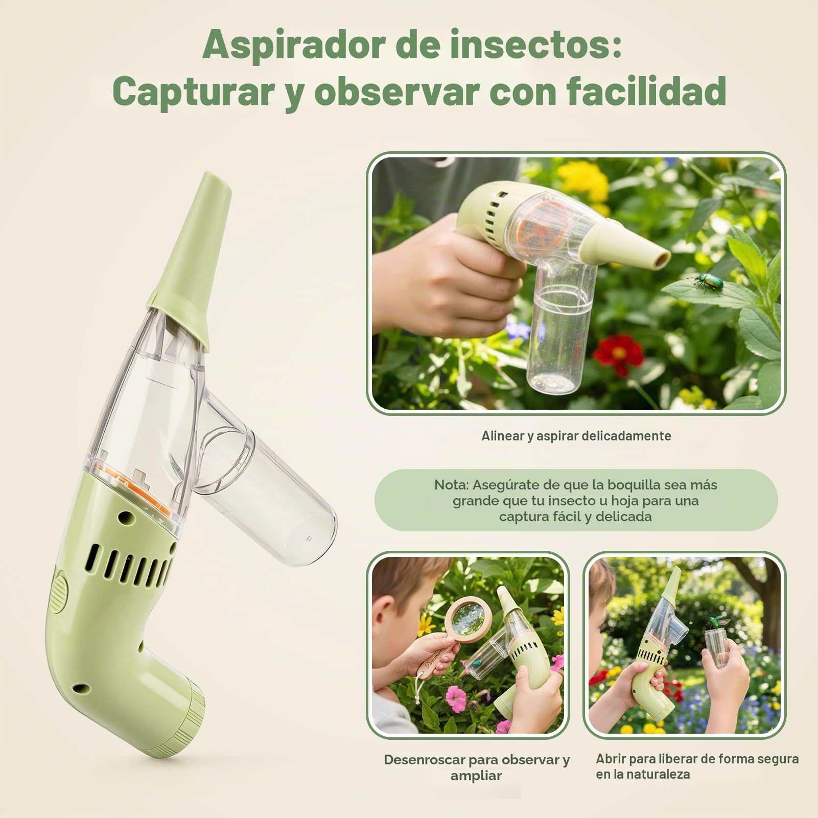 Dreamon Kit de Caza de Insectos para Niños de 3-5 Años: Jaula de Madera, Aspirador, Red y Bolsa - Juguete de Exploración al Aire Libre y Safari
