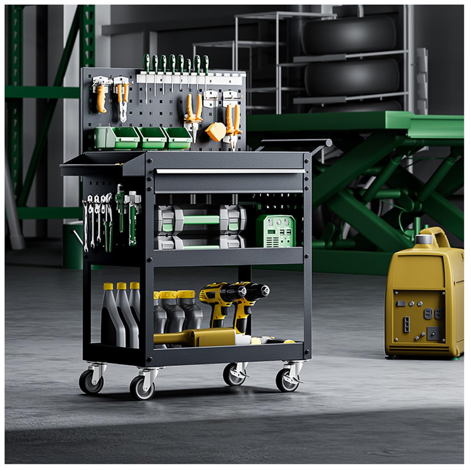 Carro de herramientas ergonómico para taller con freno silencioso, ruedas giratorias, cajas de herramientas extraíbles, tuercas integradas, diseño resistente, capacidad de carga de 300 kg, ideal para