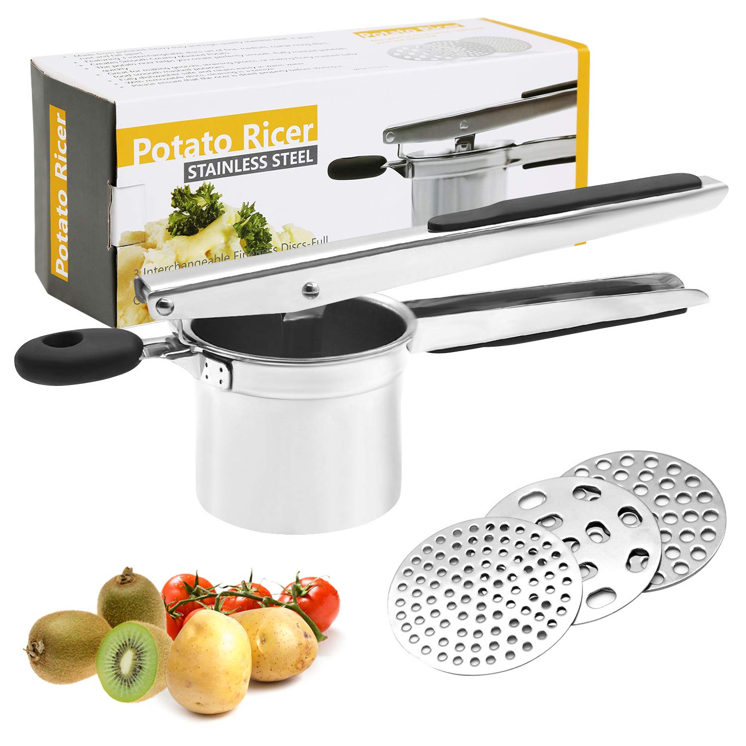 Ballery Presse-purée professionnel en acier inoxydable pour fruits et légumes avec 3 disques interchangeables, poignées noires douces au toucher