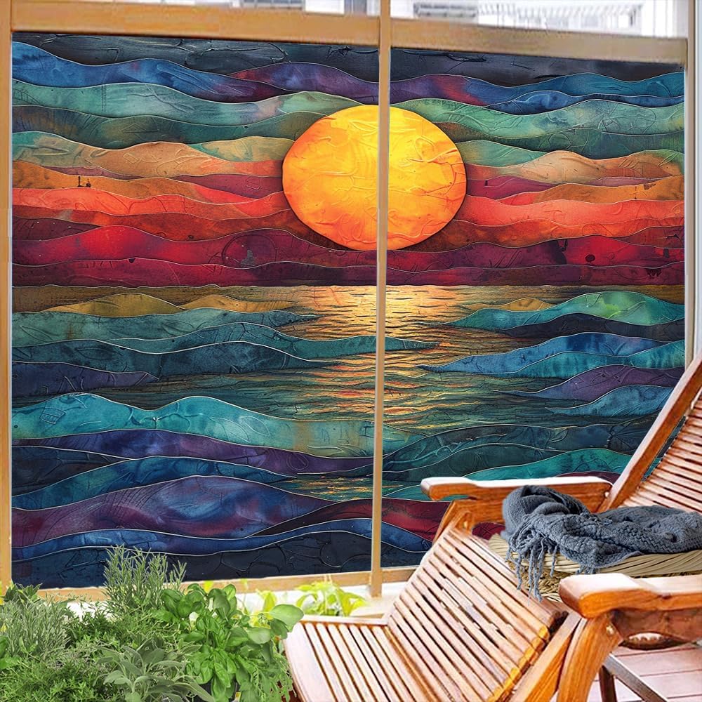 Watercolor Ocean Sunrise Frosted Window Privacy Film, Abstract Sun Vintage Sunset House Window Film Adhesive Glass Coverings for Bathroom Home Decorative 17.7Wx23.6L-inch x2 Pcs