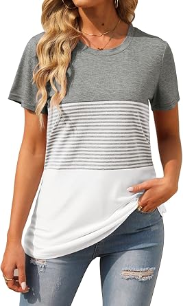 Womens Tshirts Short Sleeve Summer Tops Loose Fiting Crewneck Color Block Shirts Gray S