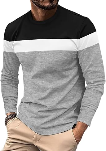Mens Slim Fit Color Block Long Sleeve T-Shirt Comfort Fit Crew Neck Fashion Casual Basic Top