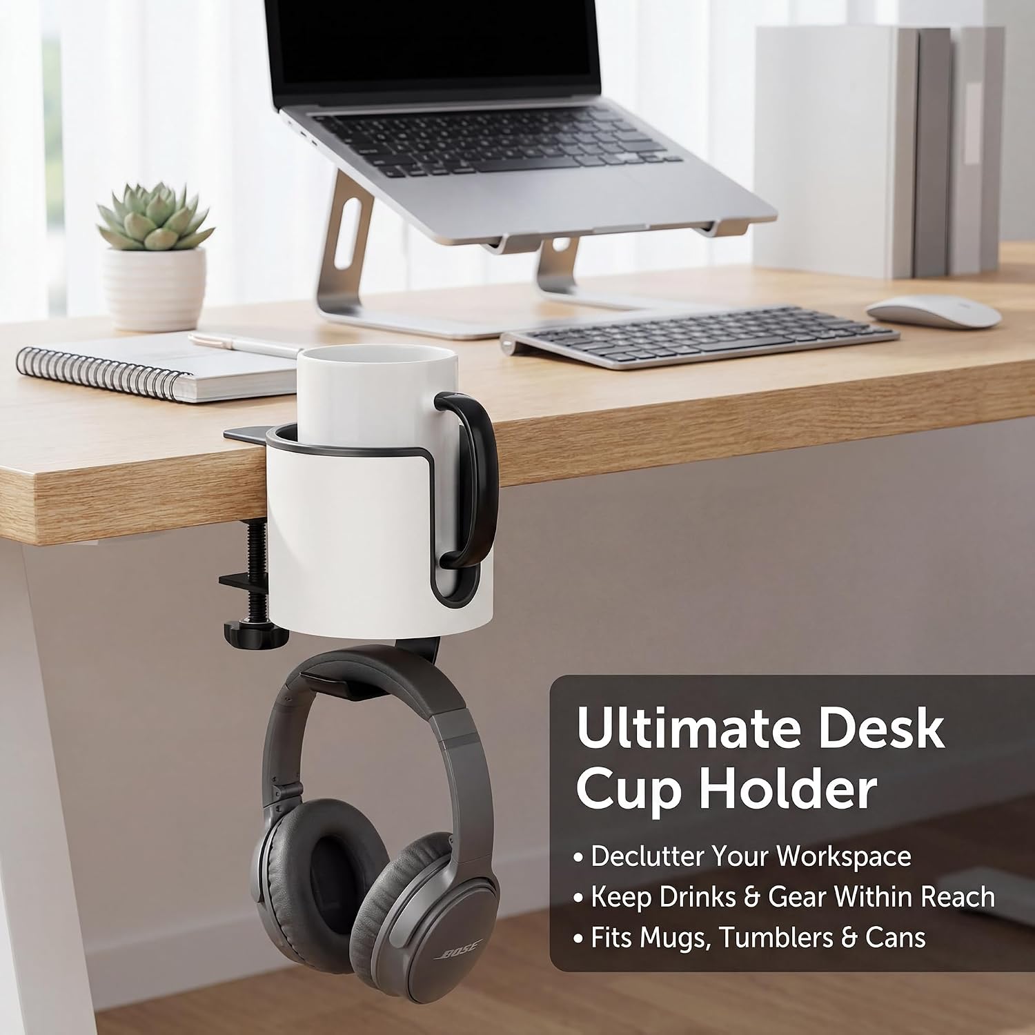 GUNKING Luxury 2-in-1 Anti-Spill Cup Holder with Headphone Hanger (White)