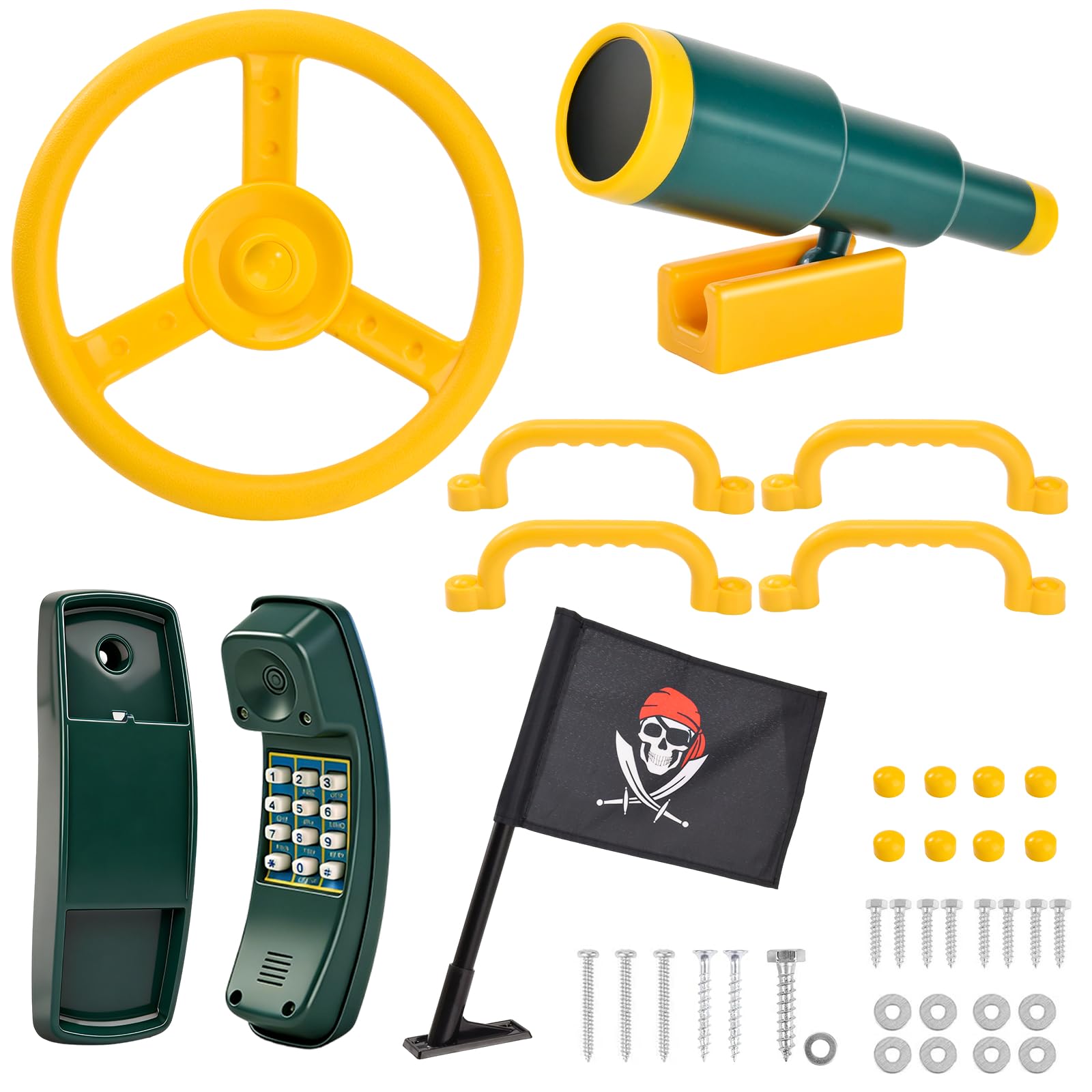 Set di Accessori per Torre di Gioco, Maniglie di Sicurezza per Parco Giochi con Volante,Telescopio e Telefono Giocattolo, Maniglie per Torre Giochi per Altalene, Parco Giochi, Alberi