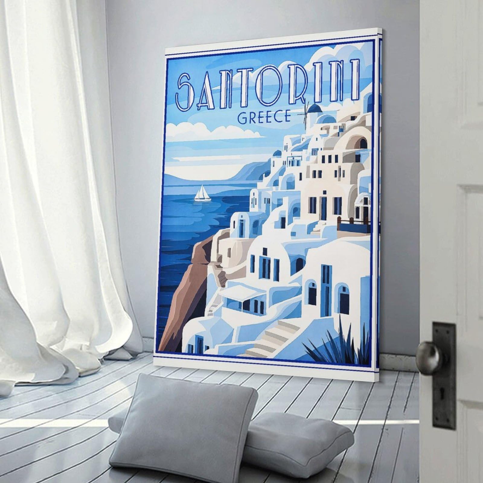 Junmoney Santorini Greece Retro Decorative Wall Artwork, 08x12inch(20x30cm), for New Homes, Bedrooms Or Workspaces, Gift Idea for Housewarming And Birthdays