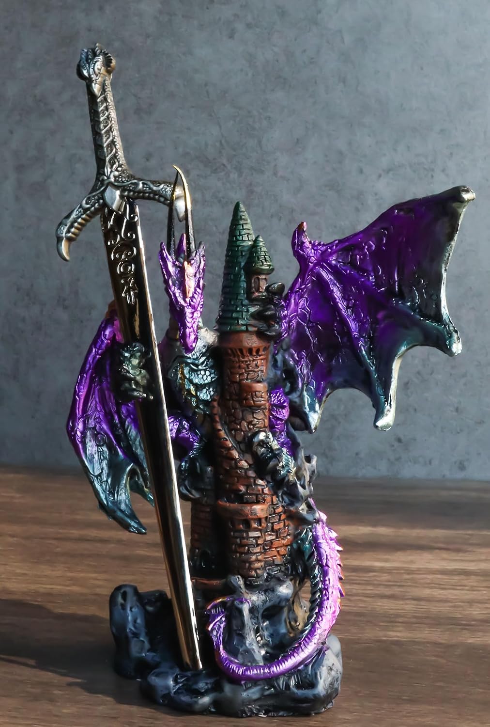 Ebros Gift Legendary Pacific Purple Metallic Armored Knight Dragon Holding Castle Tower and Gothic Sword Letter Opener Figurine Home Office Decorative Sculpture Medieval Dungeons Dragons Fantasy