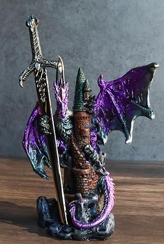 Miniatura 8 de Ebros Gift Legendario caballero blindado metálico púrpura del Pacífico con torre de castillo y espada gótica abrecartas estatuilla decorativa para